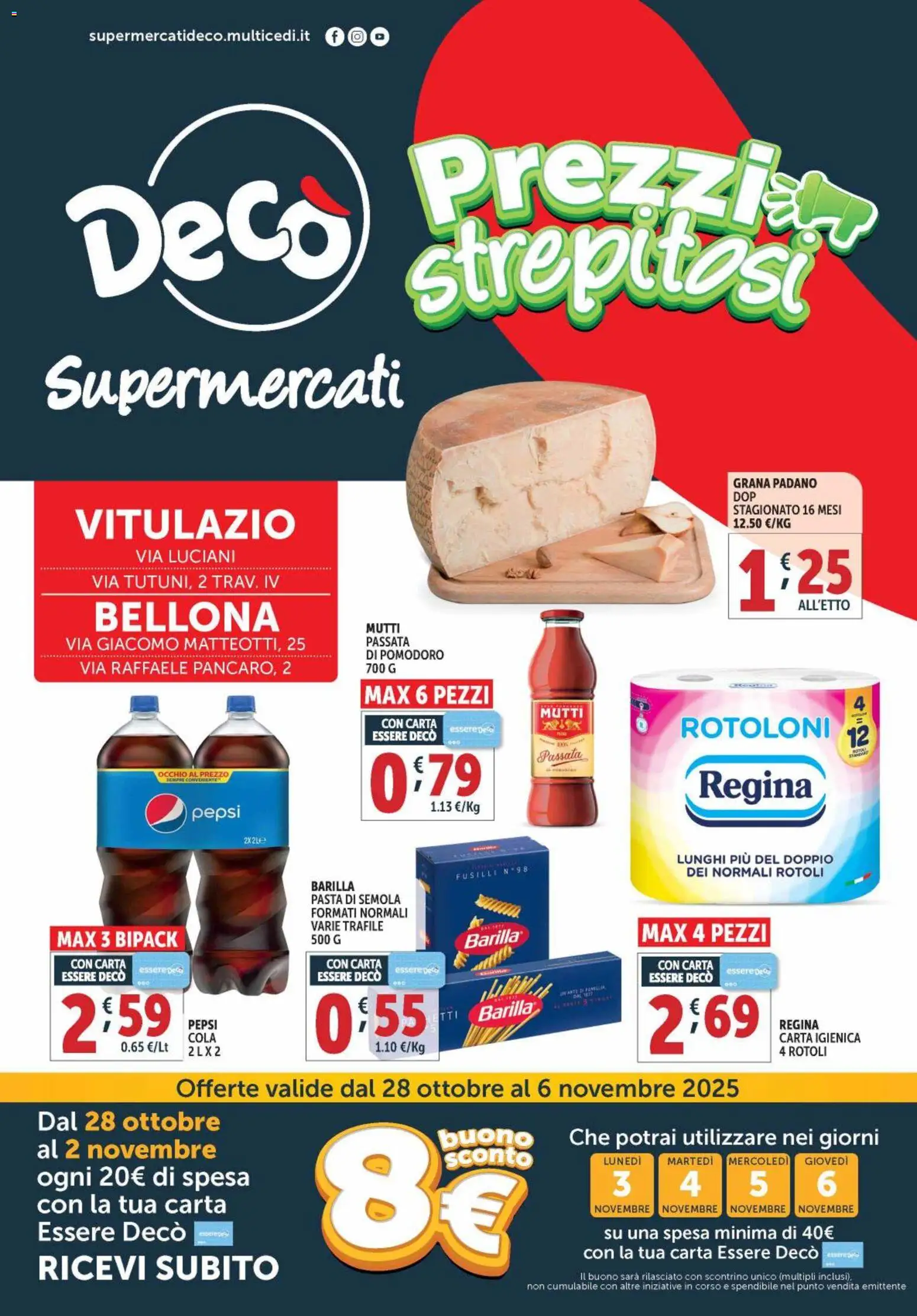 Volantino Decò del 28.10.2025 | Pagina: 1 | Prodotti: Pomodoro, Fusilli, Mutti, Pepsi