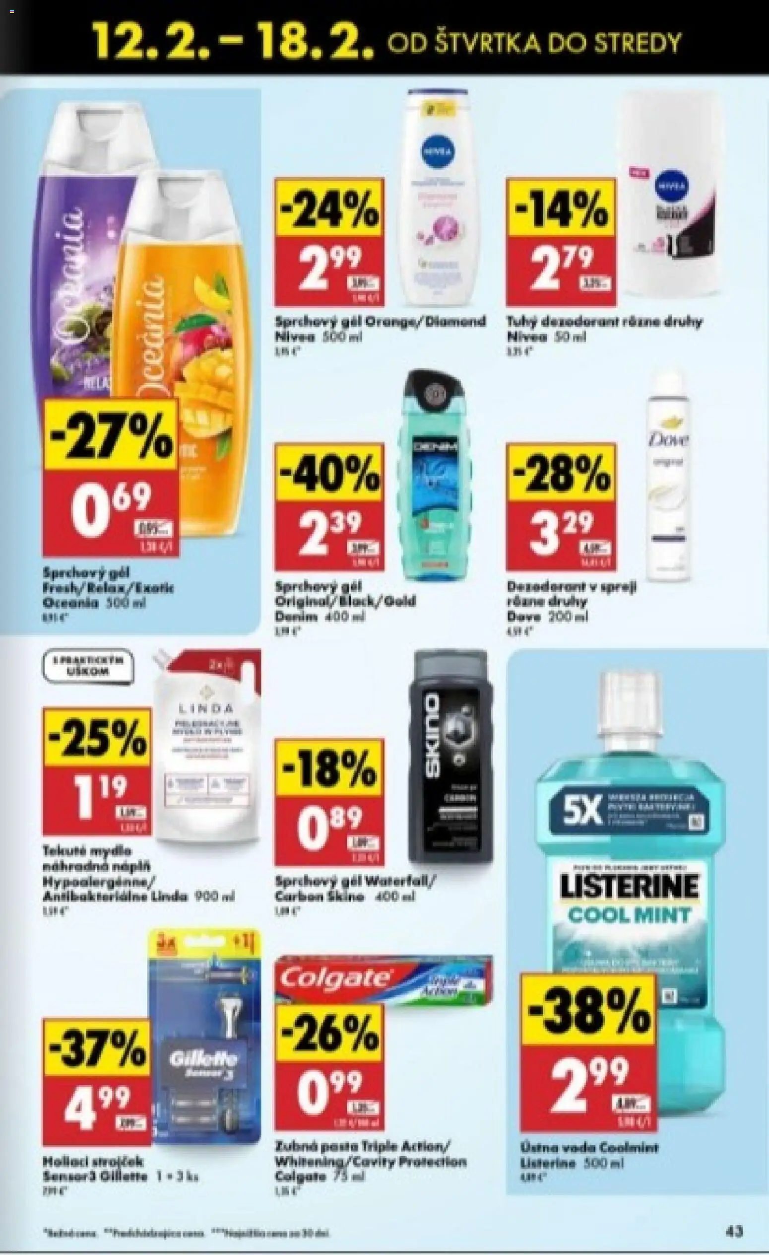 Nové Biedronka akcie – leták je platný od 12.02.2026 | Strana: 43 | Produkty: Listerine, Nivea, Sprchový gél, Mila