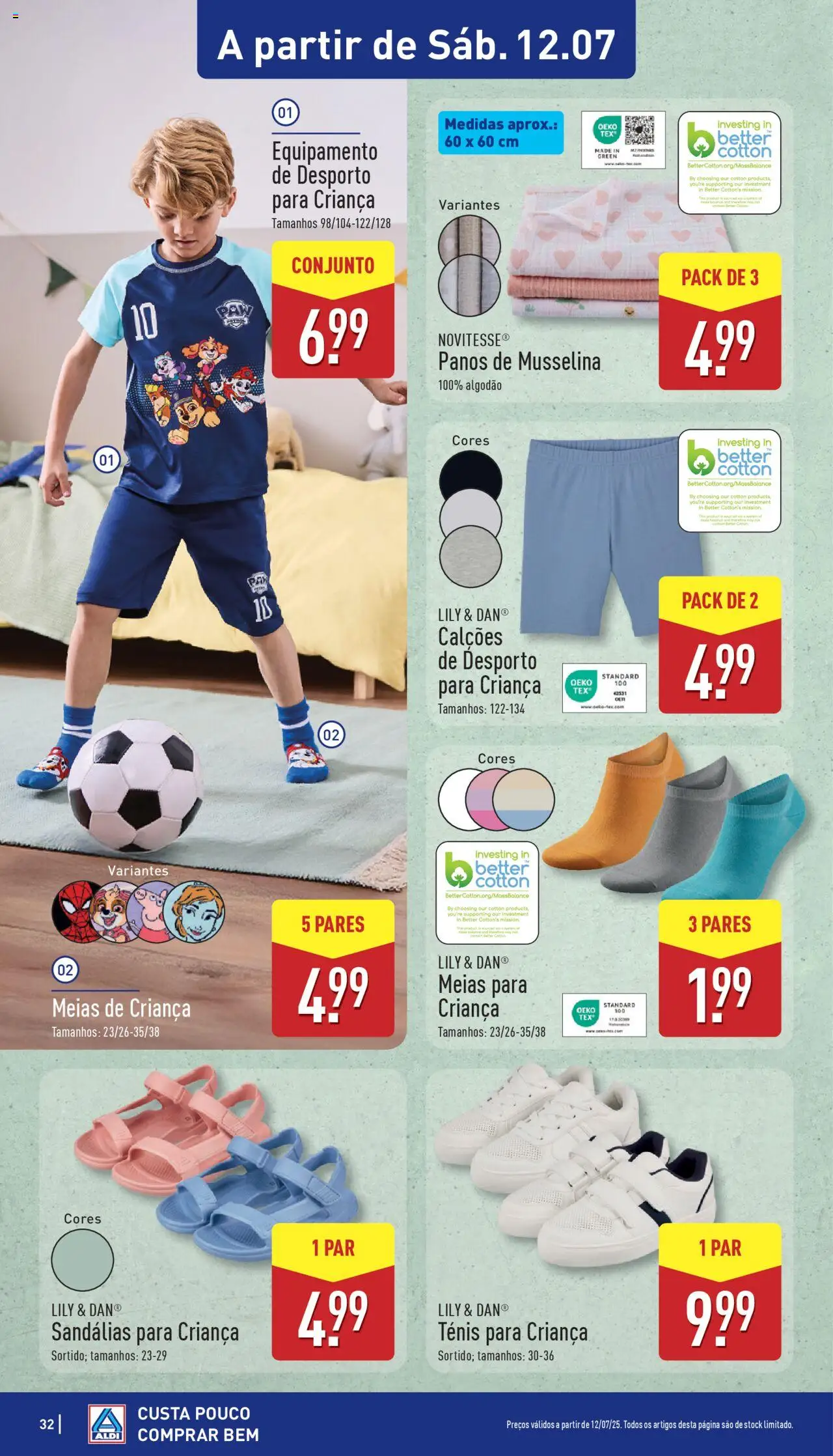 Aldi folheto │ válido de 07.07.2025 | Página: 32 | Produtos: Algodão, Calções, Meias, Sandálias