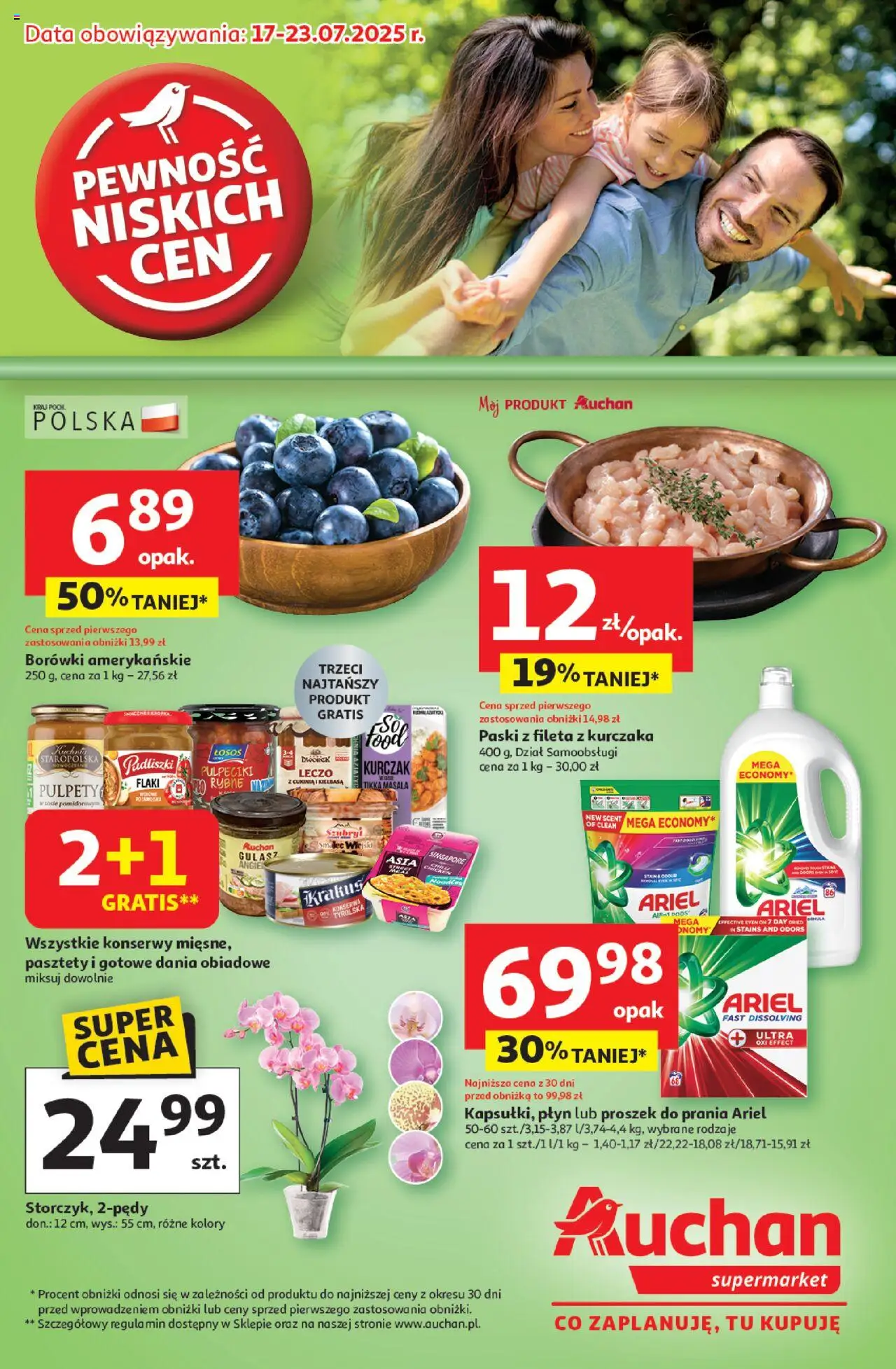 Auchan Gazetka od 17.07.2025 | Strona: 1 | Produkty: Kurczak, Łosoś, Flaki, Proszek do prania