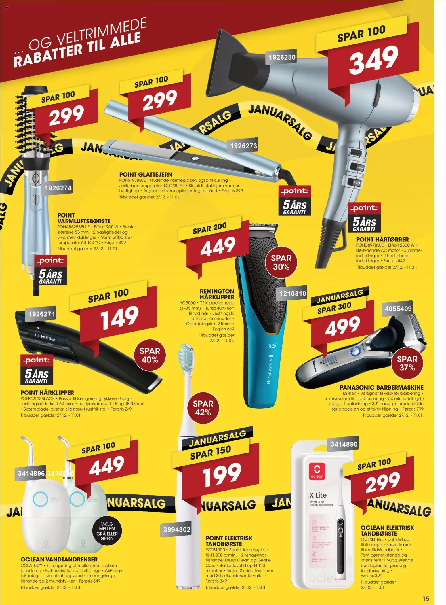 Punkt1 tilbudsavis – gyldig fra 27.12.2025 | Side: 15 | Produkter: Tandbørste, Elektrisk Tandbørste, Hårklipper, Hårtørrer
