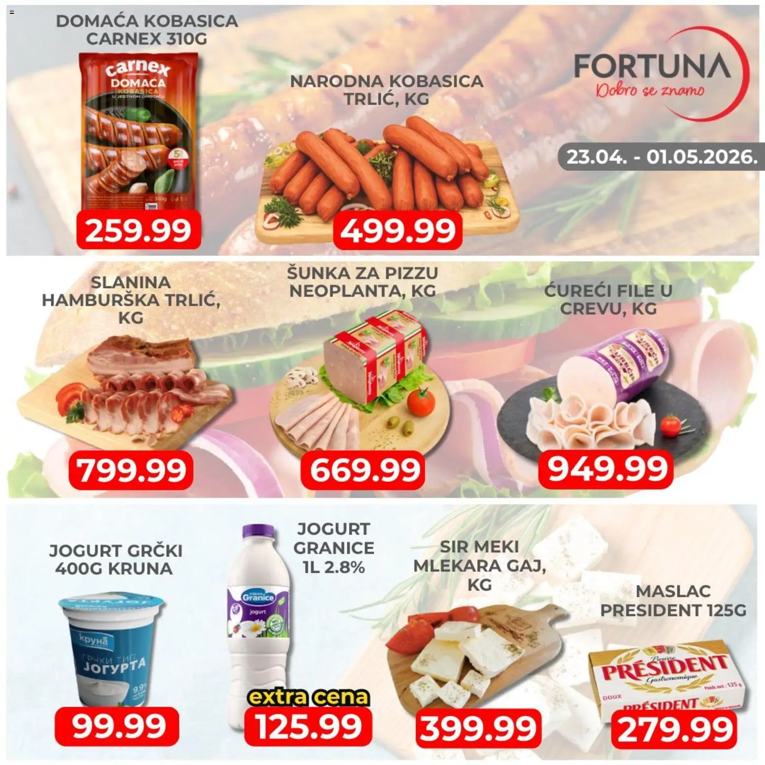 Fortuna Market katalog - važi od 23.04.2026 | Strana: 2 | Proizvode: Sir, Jogurt, Šunka, Kobasica