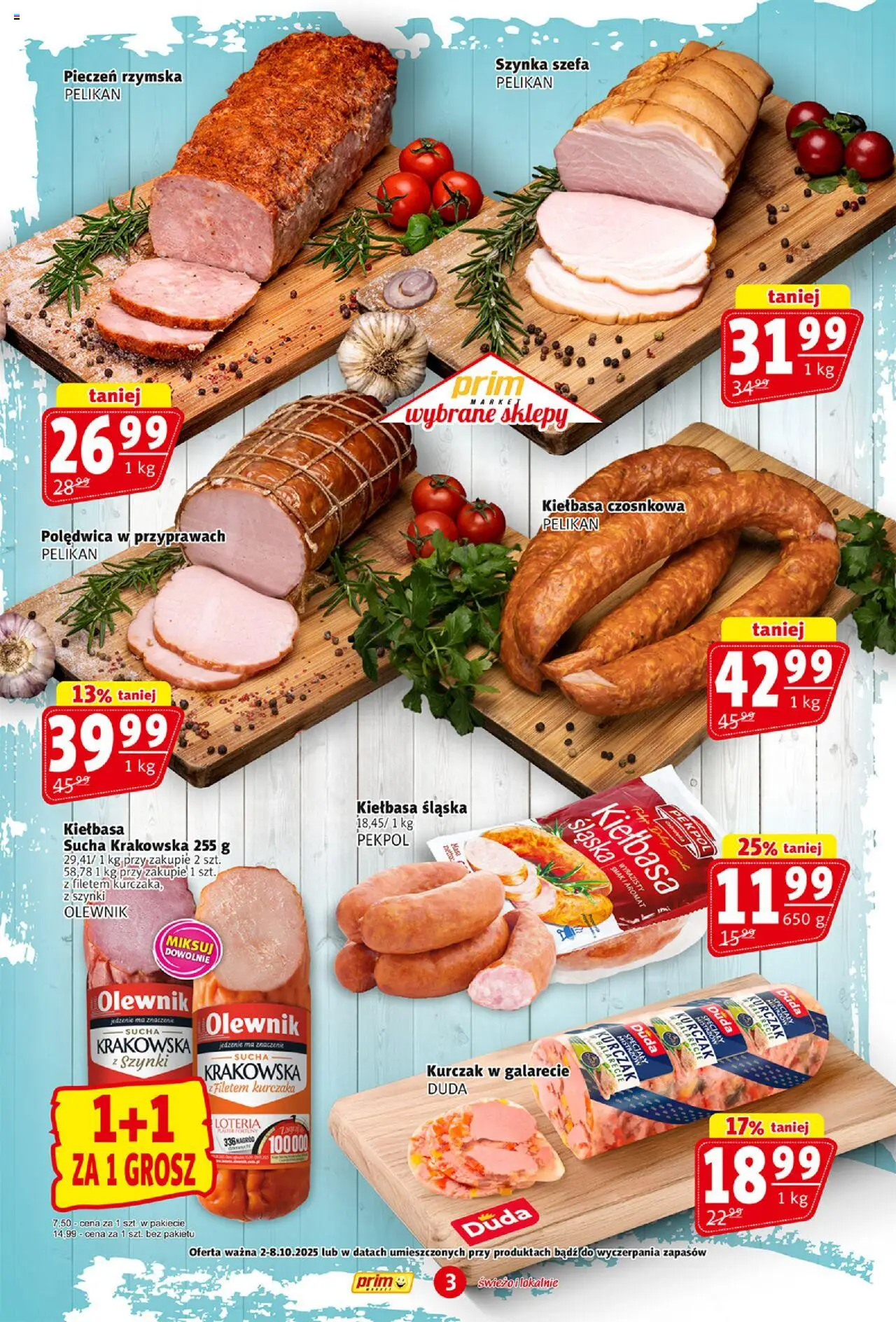 Prim Market Gazetka od 02.10.2025 | Strona: 3 | Produkty: Kiełbasa, Kurczak, Szynka, Kiełbasa śląska