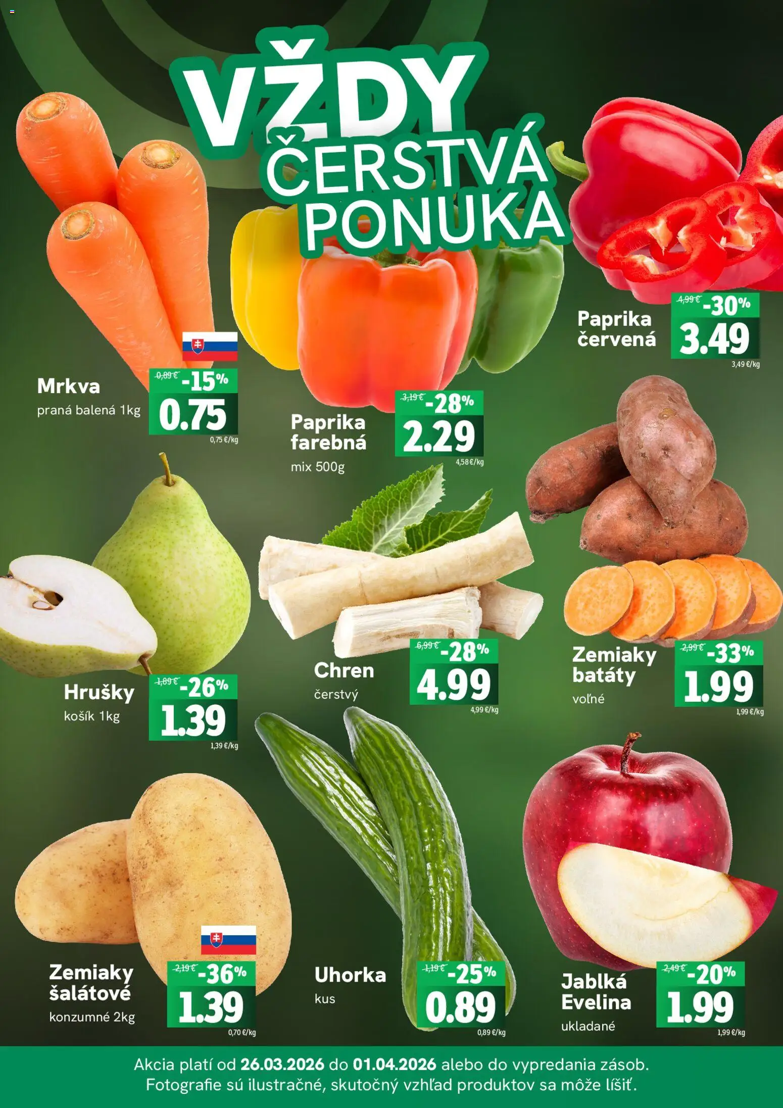 Nové Fresh akcie – leták je platný od 26.03.2026 | Strana: 3 | Produkty: Paprika, Chren, Mrkva, Batáty