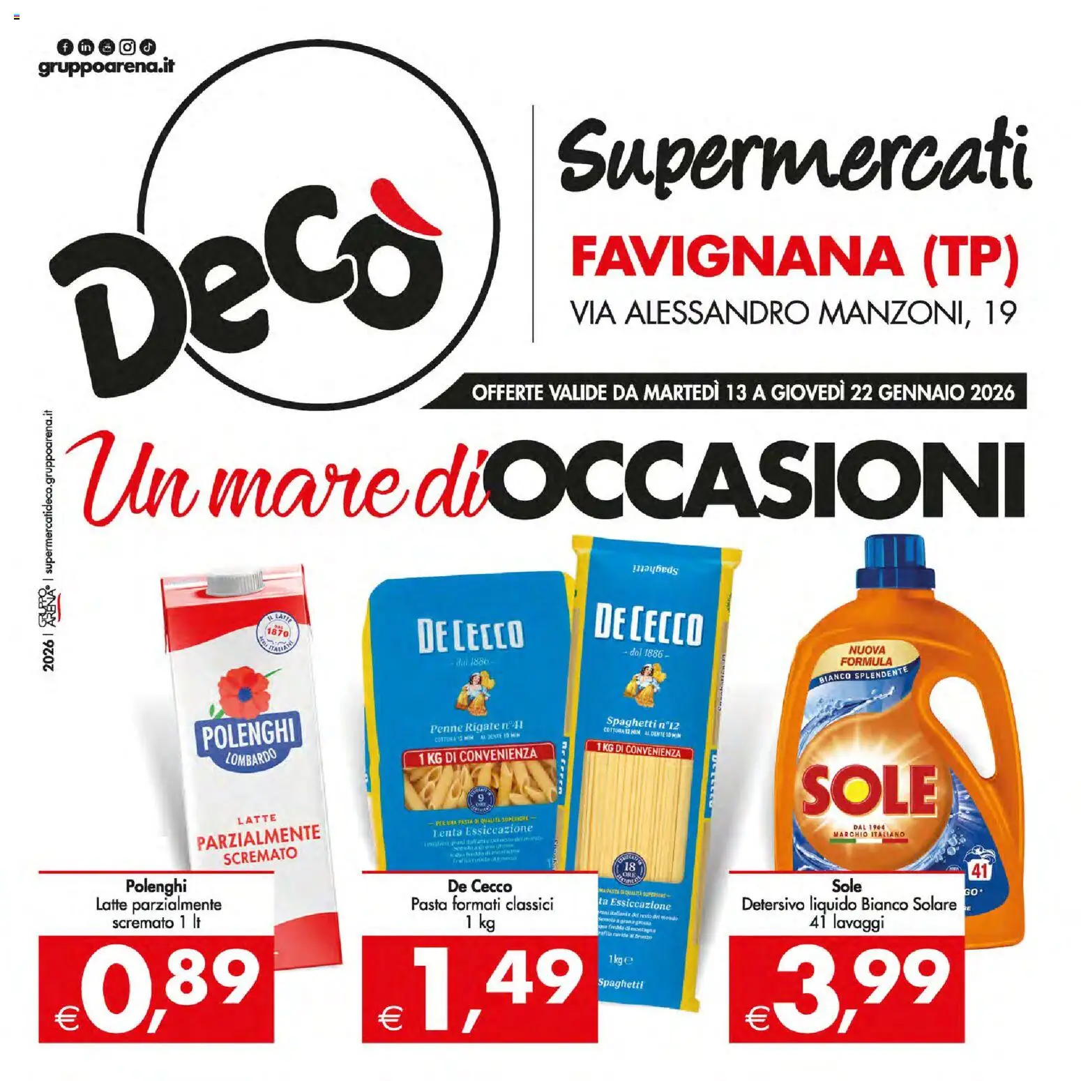 Volantino Decò del 13.01.2026 | Pagina: 1 | Prodotti: Latte, Pasta, Penne