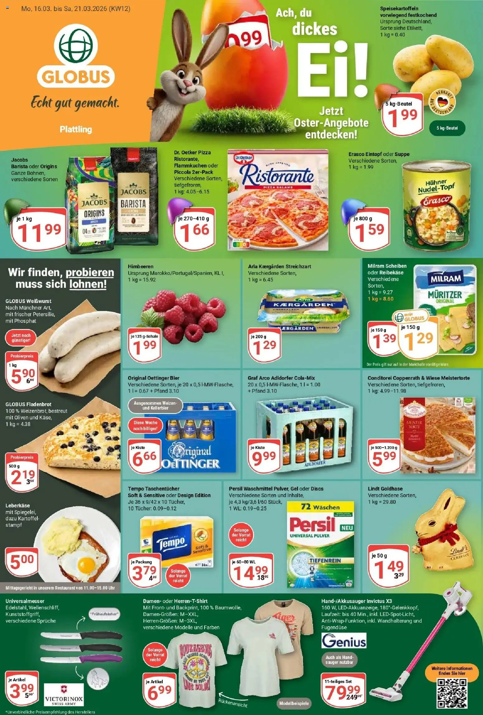 Globus prospekt Plattling	 – gültig ab 15.03.2026 | Seite: 1 | Produkte: Pizza, Erasco, Uhr, Persil
