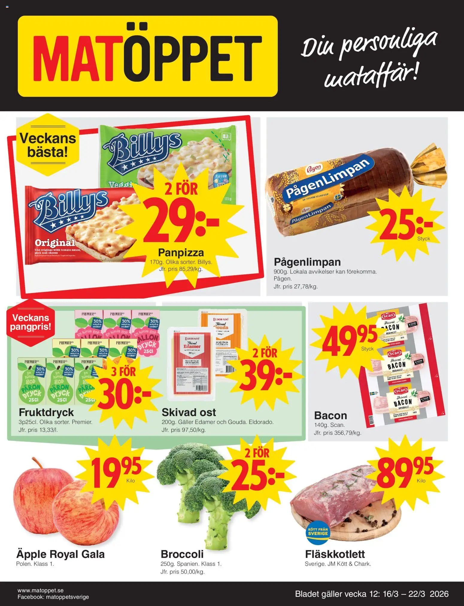 Matöppet reklamblad aktuell från 16.03.2026 | Sida: 1 | Produkter: Galler, Ost, Äpple, Broccoli