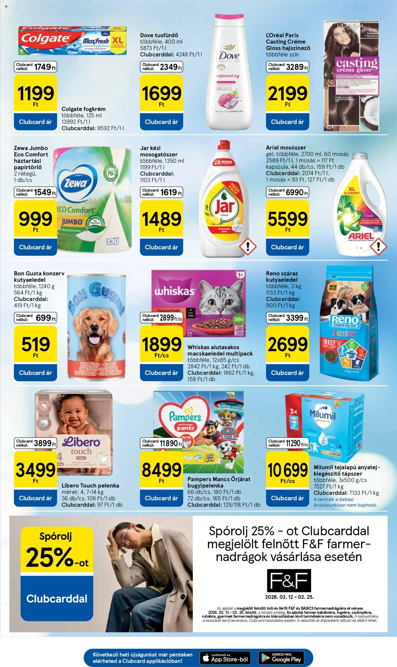 Tesco akciós ujság - amely érvényes a következő dátumtól: 19.02.2026 | Oldal: 9 | Termékek: Farmer, Whiskas, Mosószer, Mosogatószer