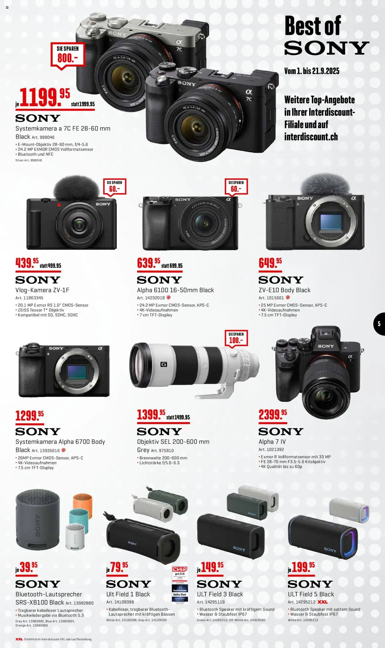 Interdiscount Aktionen Brand Love – gültig ab 08.09.2025 | Seite: 5 | Produkte: Lautsprecher, Systemkamera, Objektiv, Sony