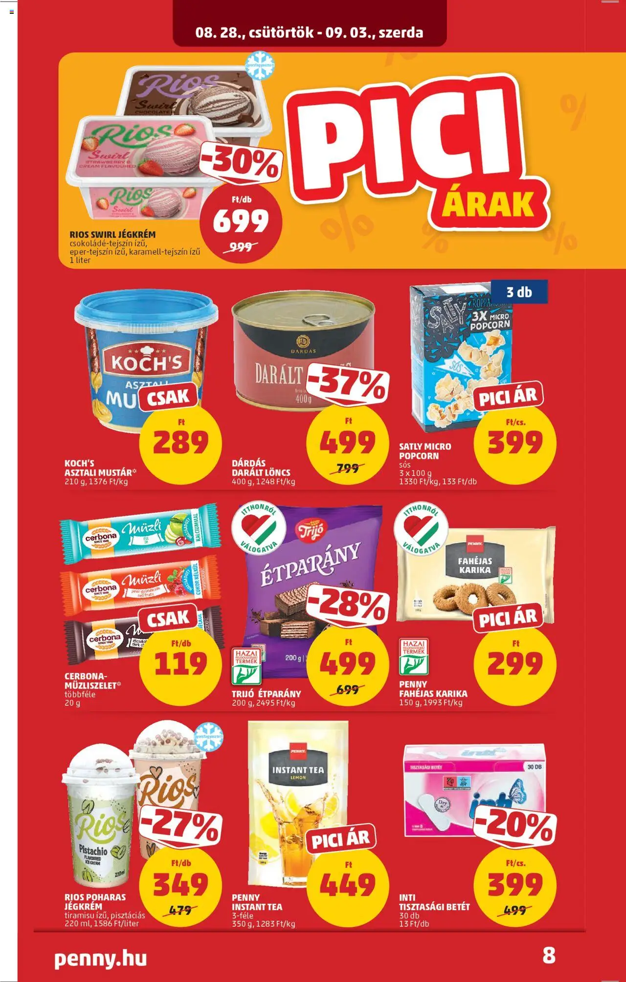 PENNY akciós ujság - amely érvényes a következő dátumtól: 28.08.2025 | Oldal: 8 | Termékek: Tiramisu, Tea, Jégkrém, Mustár