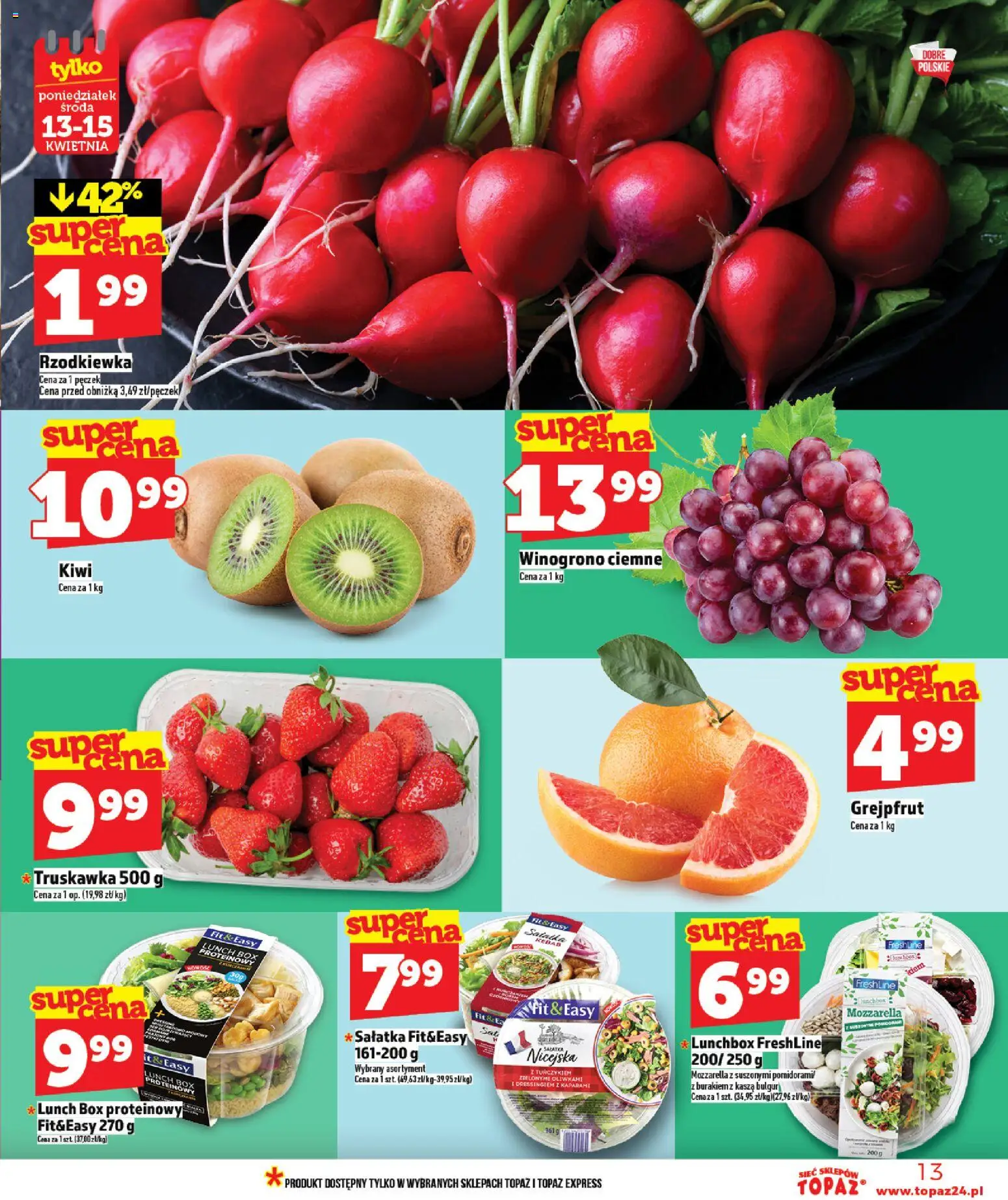 Topaz gazetka - Ceny małe na stałe od 09.04.2026 | Strona: 13 | Produkty: Winogrono, Kebab, Bulgur, Mozzarella