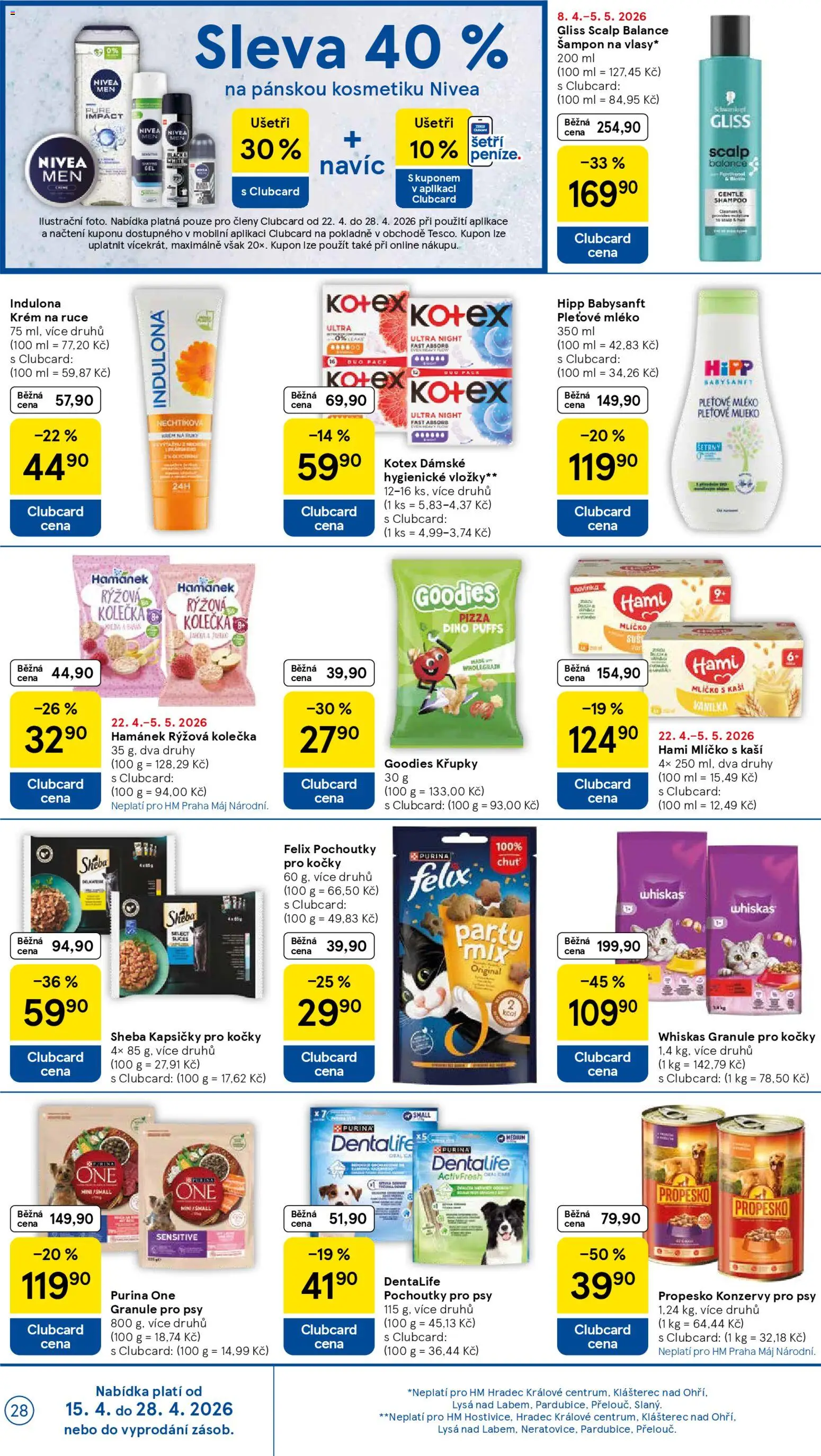 Tesco leták - Hypermarket od 22.04.2026 | Strana: 28 | Produkty: Purina, Vložky, Indulona, Hami