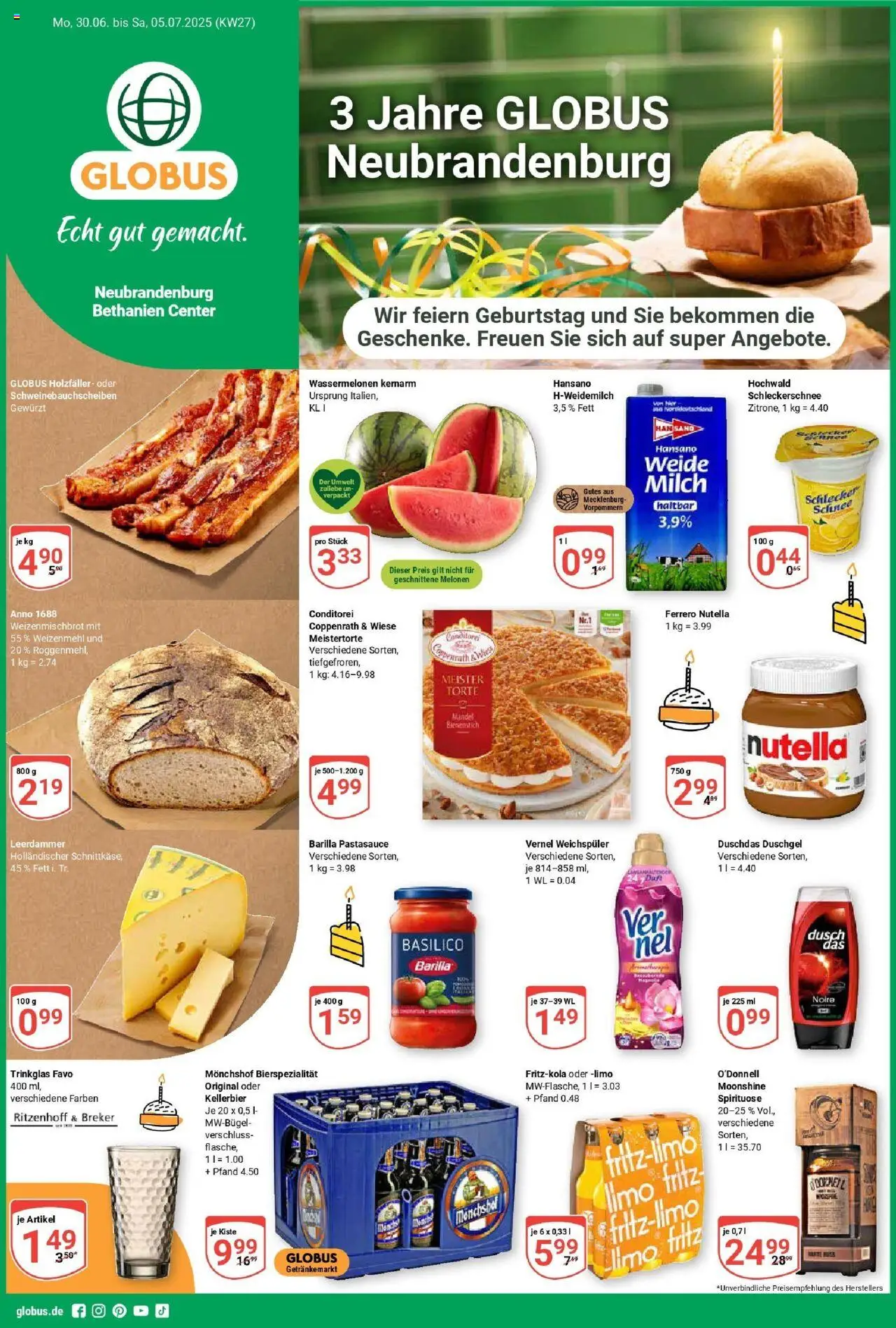Globus prospekt Neubrandenburg	 - gültig ab dem 29.06.2025 | Seite: 1 | Produkte: Leerdammer, Nutella, Weichspüler, Vernel