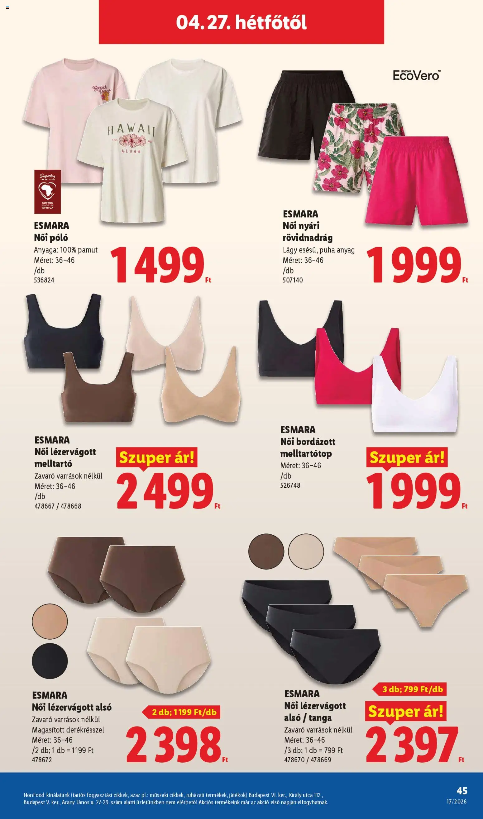 Lidl akciós ujság - amely érvényes a következő dátumtól: 23.04.2026 | Oldal: 45 | Termékek: Játékok, Női póló, Rövidnadrág, Melltartó