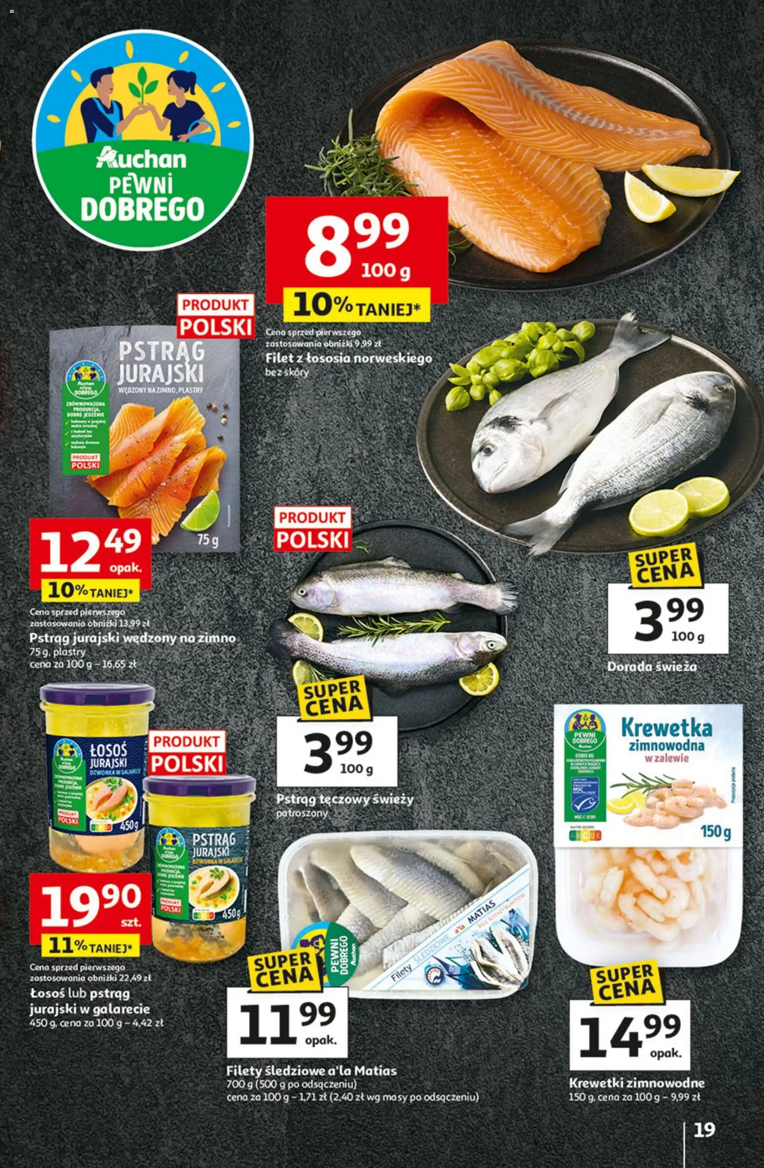 Auchan Gazetka - 30 Lat Hipermarket od 22.01.2026 | Strona: 19 | Produkty: Pstrąg tęczowy, Krewetki, Łosoś, Filet z łososia