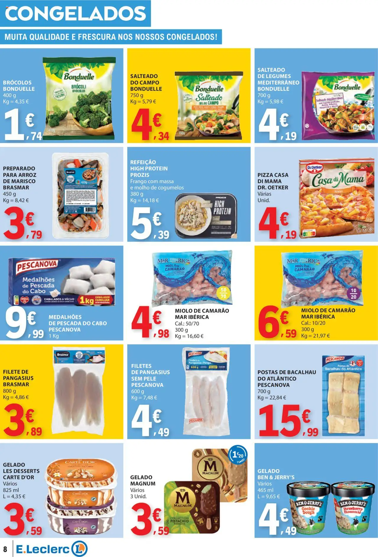 E.Leclerc folheto │ válido de 18.09.2025 | Página: 8 | Produtos: Bacalhau, Pescada do cabo, Pizza, Massa