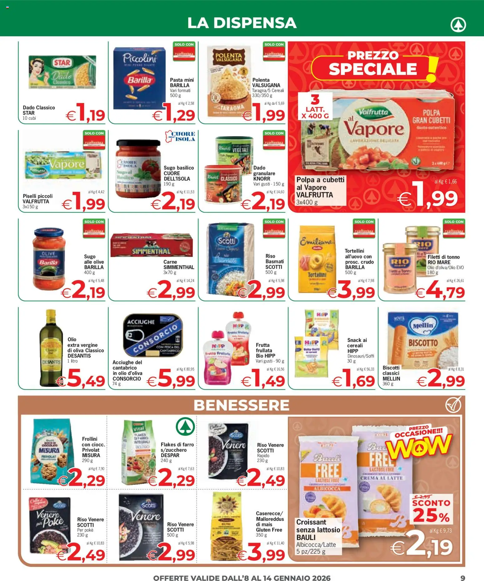 Volantino Eurospar del 08.01.2026 | Pagina: 9 | Prodotti: Riso, Biscotti, Piselli, Croissant