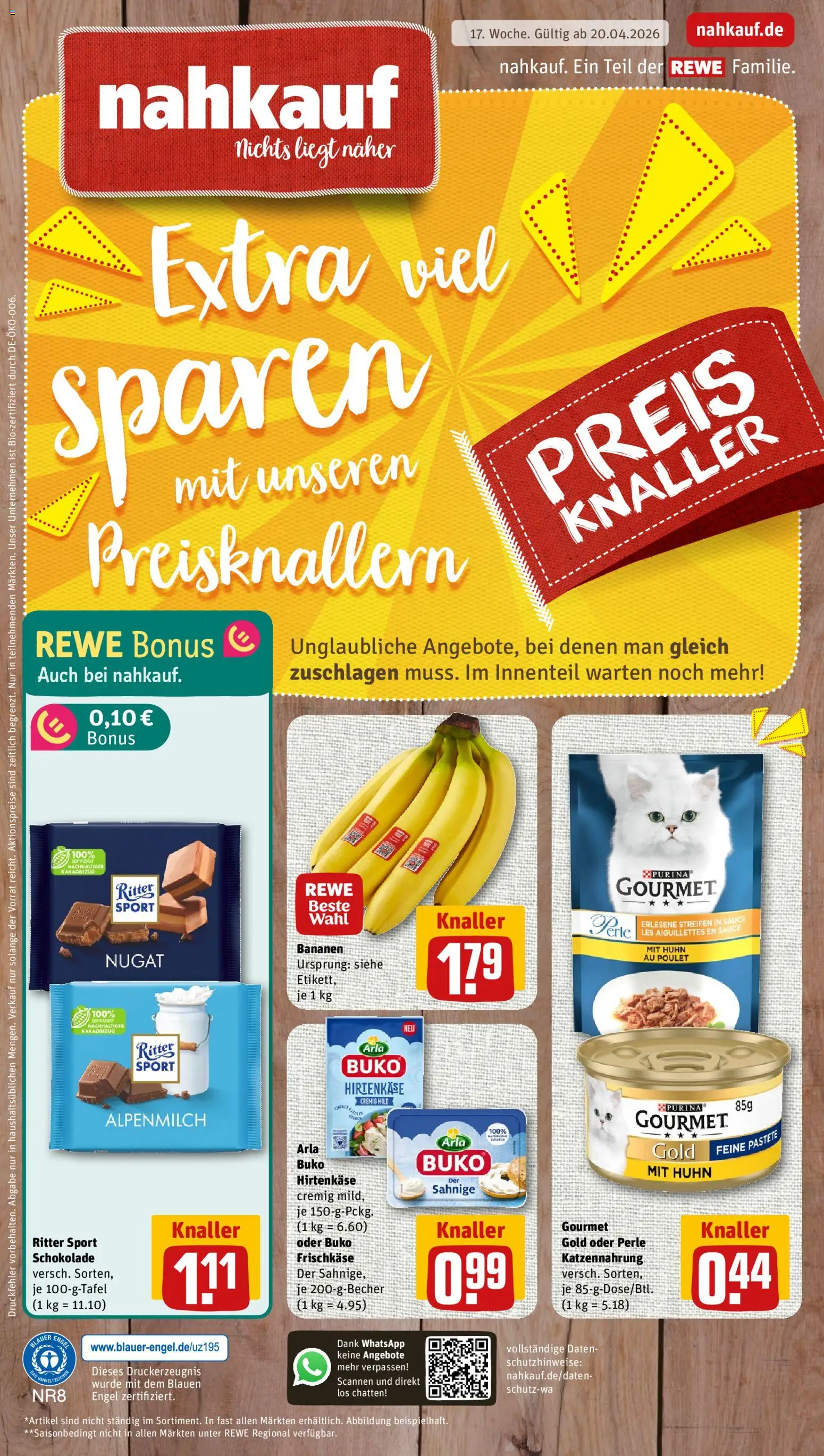 Nahkauf Prospekt – gültig ab 20.04.2026 | Seite: 1 | Produkte: Schokolade, Ritter sport, Bananen, Frischkase