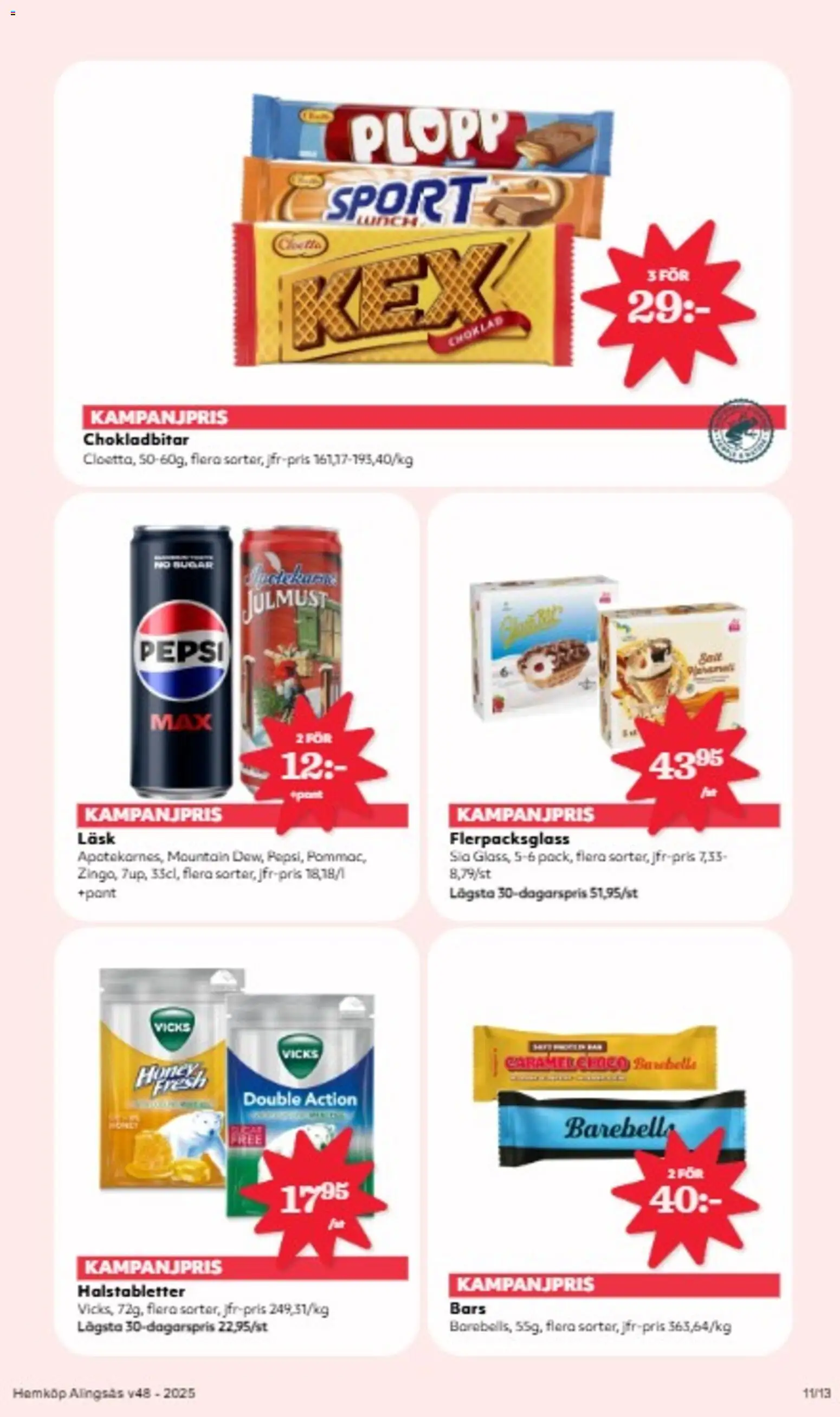 Hemköp reklamblad aktuell från 24.11.2025 | Sida: 11 | Produkter: Halstabletter, Pepsi, Choklad, Glass