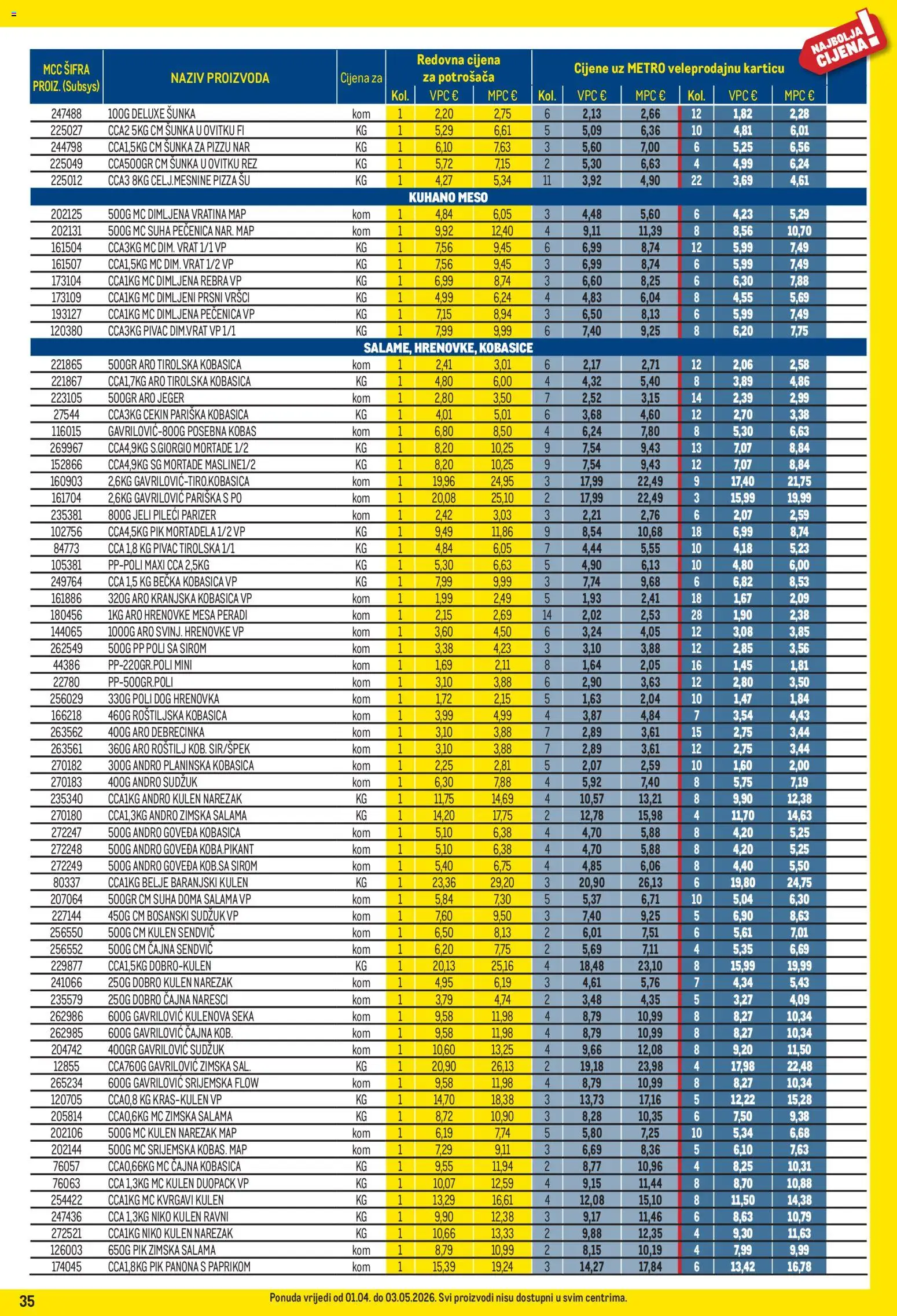 Metro katalog | vrijedi od 01.04.2026 | Stranica: 35 | Proizvodi: Roštilj, Šunka, Kranjska kobasica, Kobasica