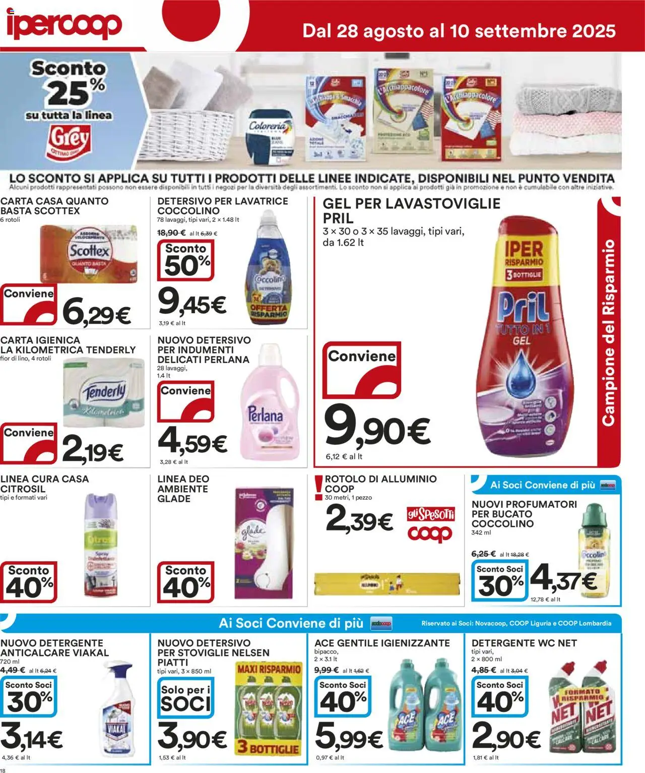 Volantino Ipercoop del 28.08.2025 | Pagina: 18 | Prodotti: Detergente, Lavastoviglie, Alluminio, WC