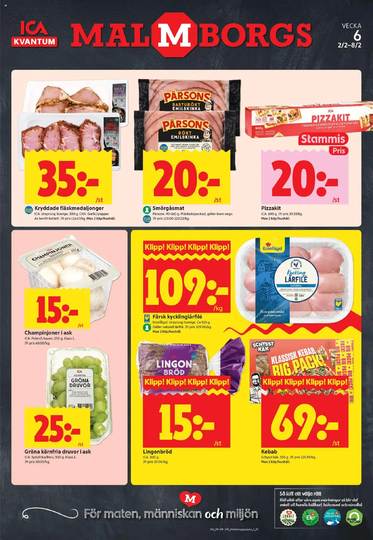 ICA Kvantum reklamblad aktuell från 02.02.2026 | Sida: 1 | Produkter: Bröd, Skinka, Champinjoner, Pizzakit