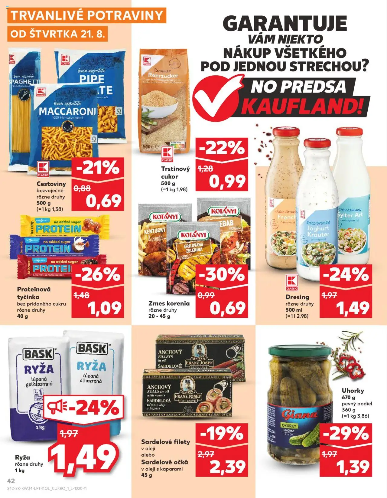 Kaufland Košice-OC Galéria │ platný od 21.08.2025 | Strana: 42 | Produkty: Ryža, Cestoviny, Cukor, Šalát