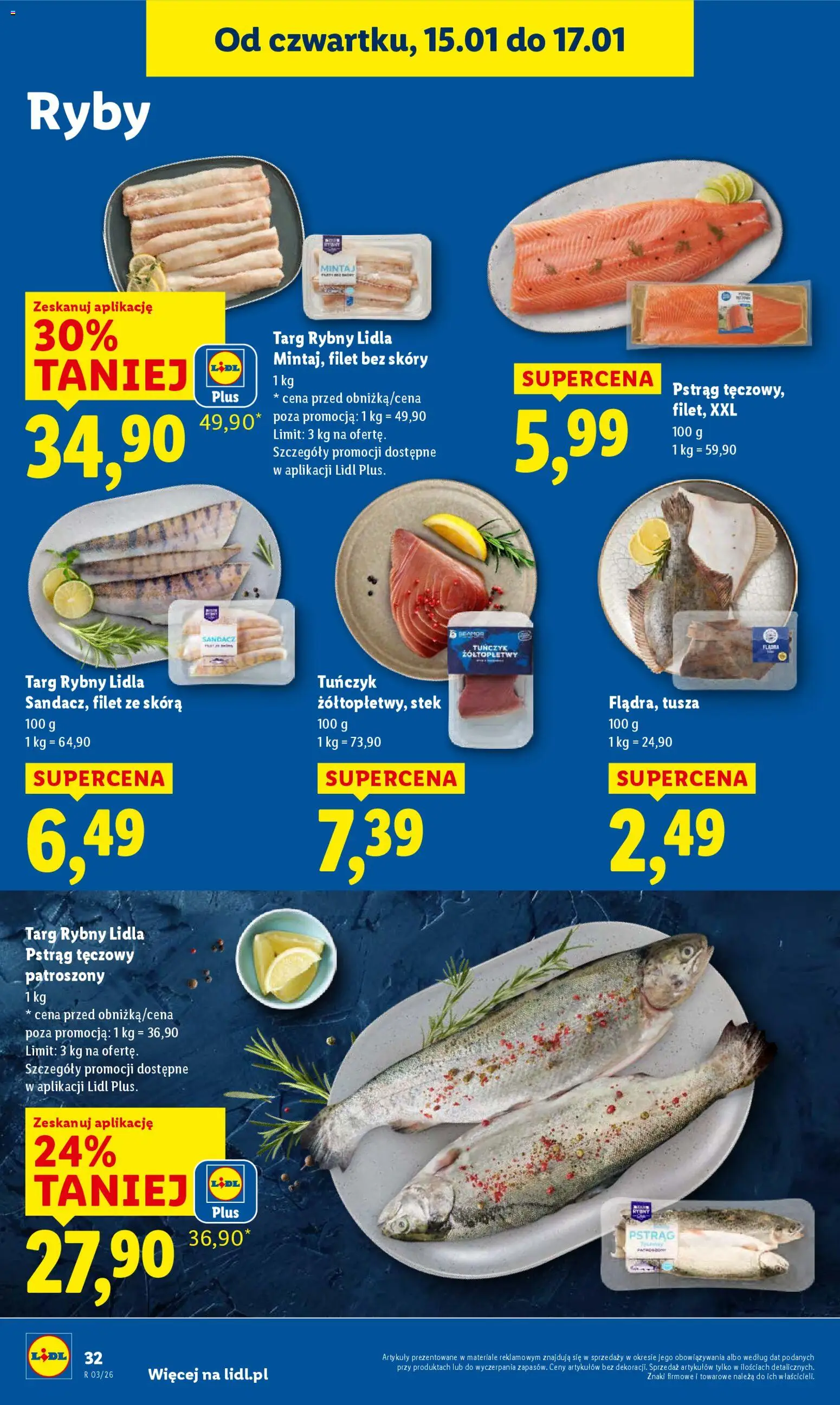 Lidl Gazetka od 15.01.2026 | Strona: 32 | Produkty: Pstrąg tęczowy, Sandacz, Pstrąg, Tuńczyk