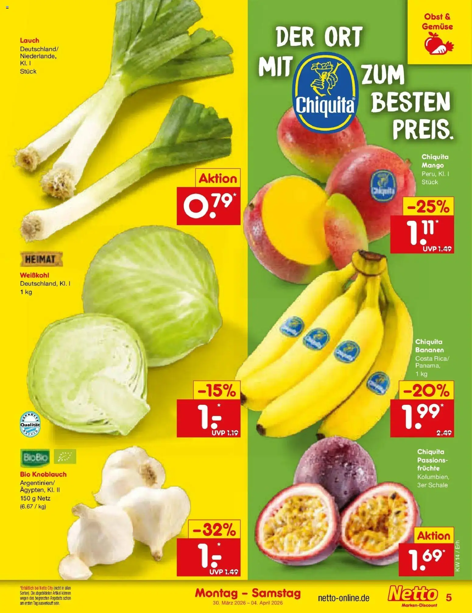 Netto Marken-Discount Prospekt Velden	 – gültig ab 30.03.2026 | Seite: 5 | Produkte: Gemüse, Obst, Mango, Knoblauch