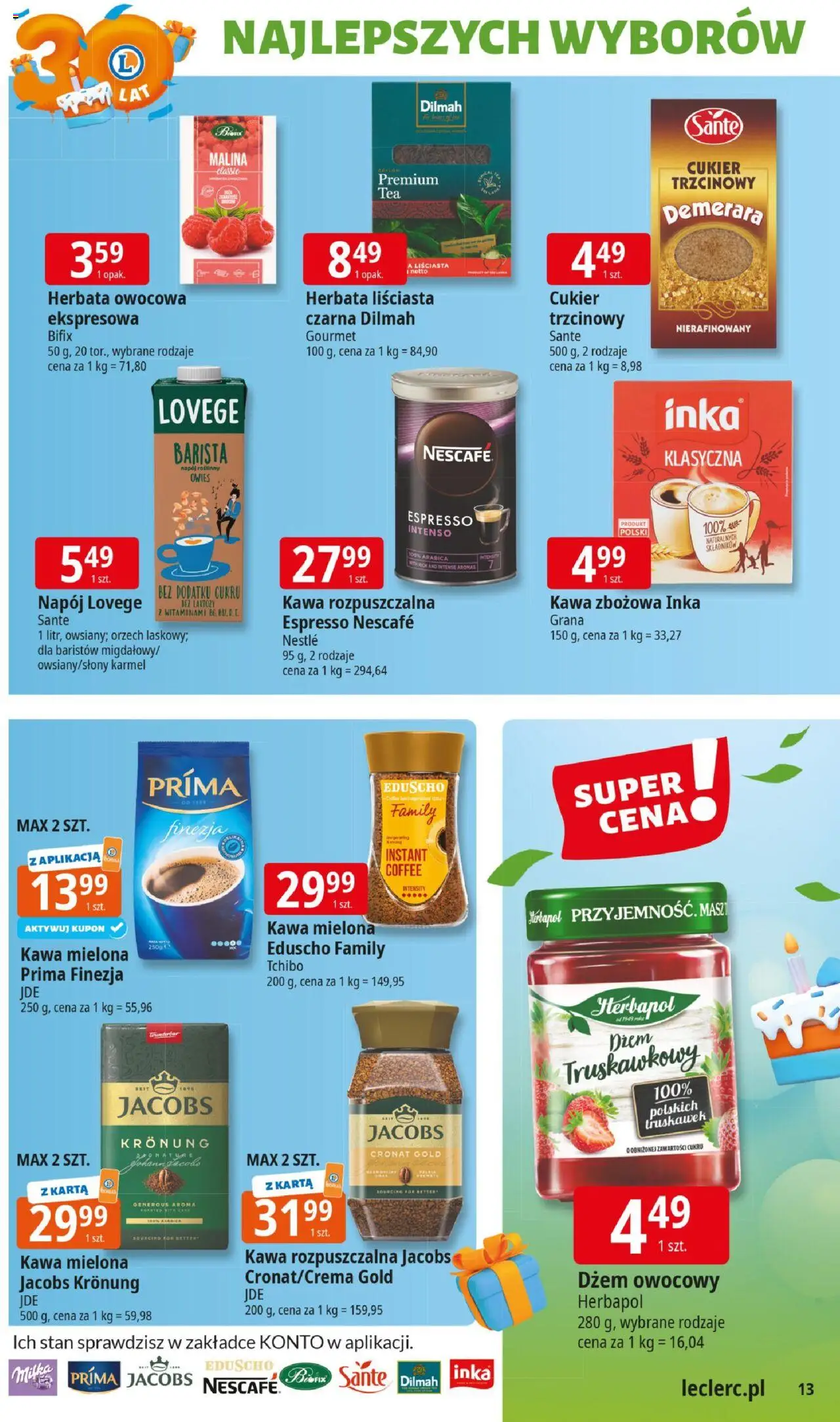 E.Leclerc Gazetka - Elbląg 30 lat od 02.06.2025 | Strona: 13 | Produkty: Nescafe, Kawa rozpuszczalna, Tchibo, Dżem