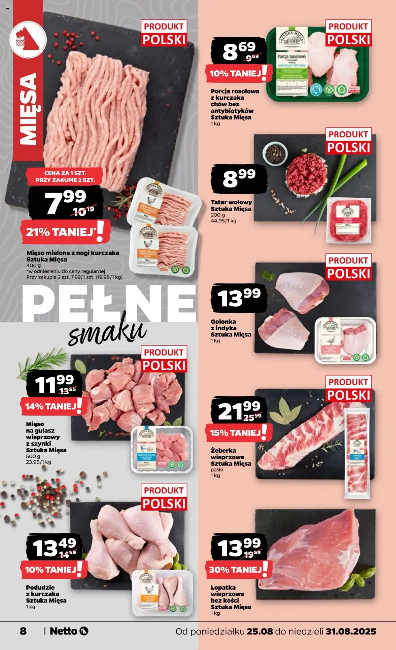 Netto gazetka - Spożywcza od 25.08.2025 | Strona: 8 | Produkty: Tatar wołowy, Mięso, Mięso na gulasz, Tatar