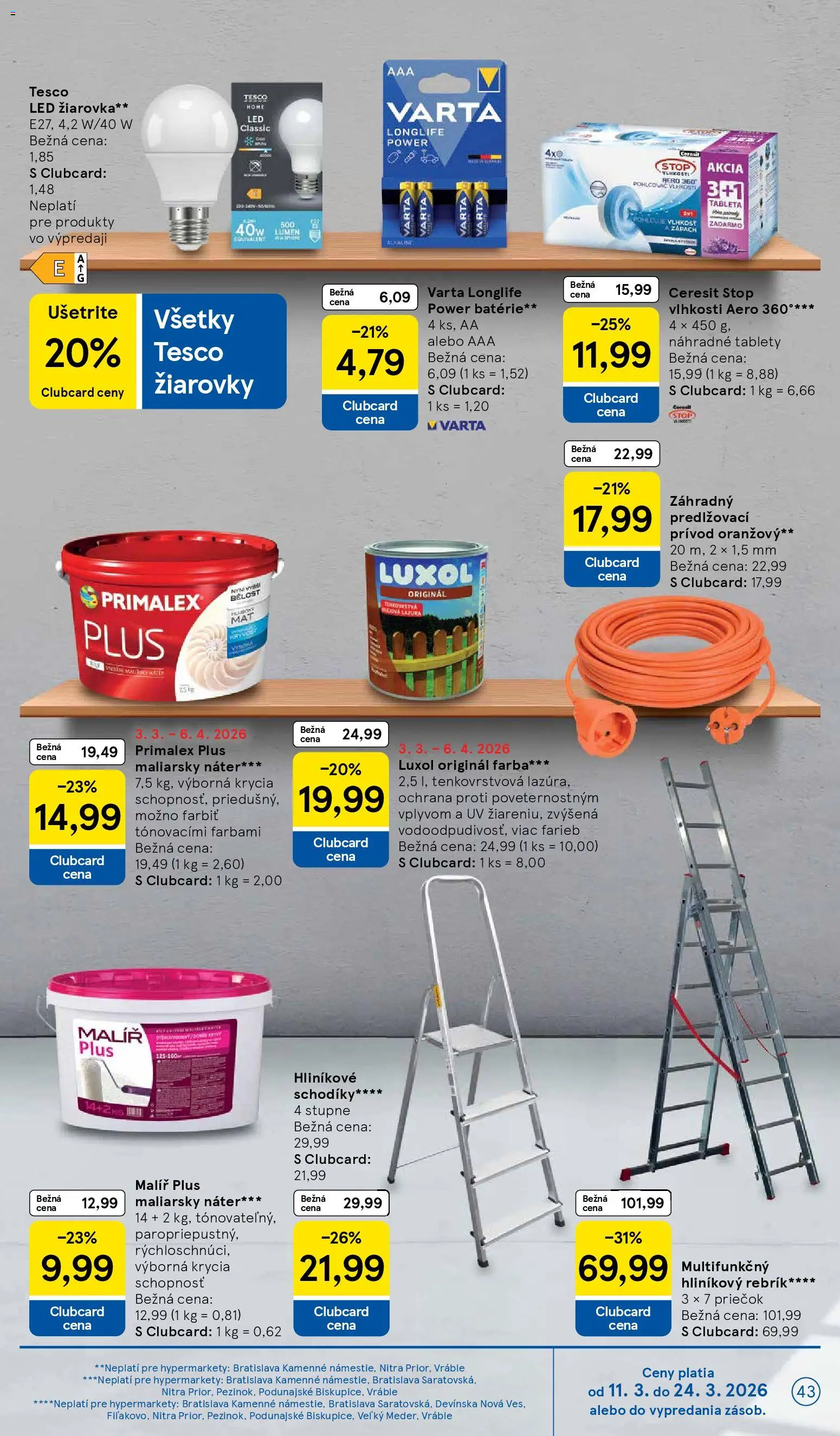 Nové Tesco akcie – leták je platný od 11.03.2026 | Strana: 43 | Produkty: Žiarovka, Žiarovky, Rebrík, Primalex