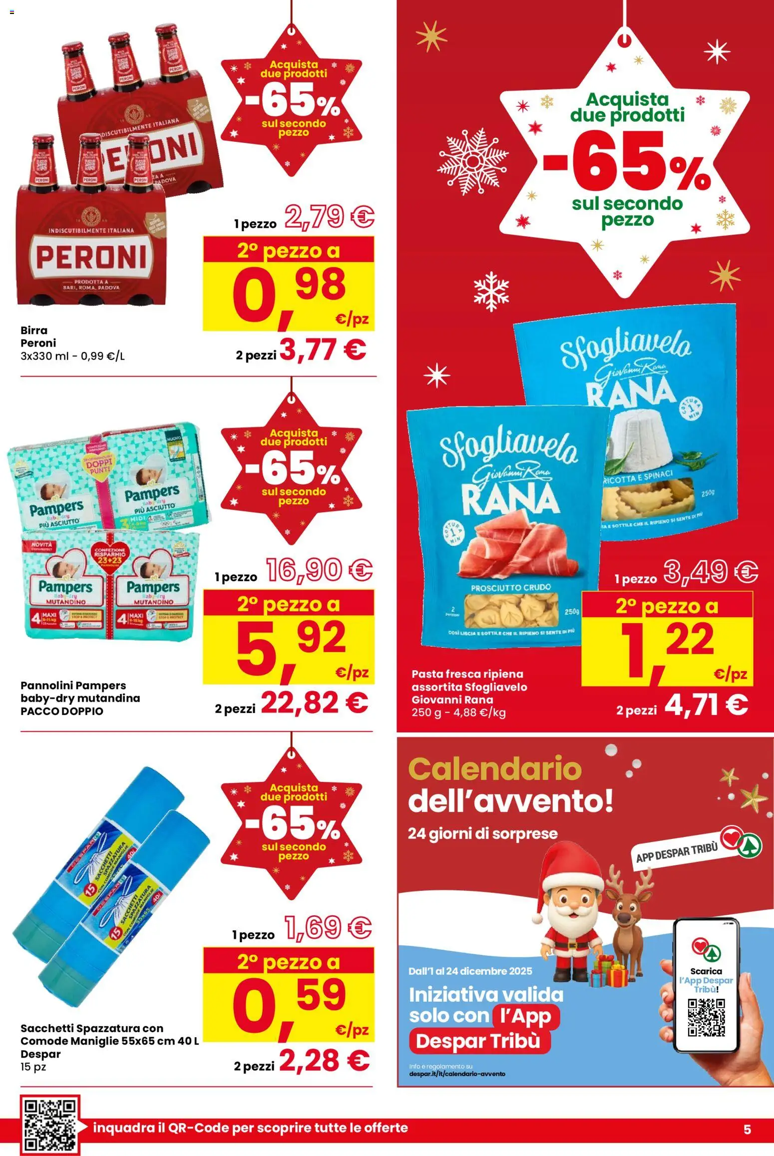 Volantino Despar del 04.12.2025 | Pagina: 5 | Prodotti: Prosciutto Crudo, Pannolini, Birra, Pasta