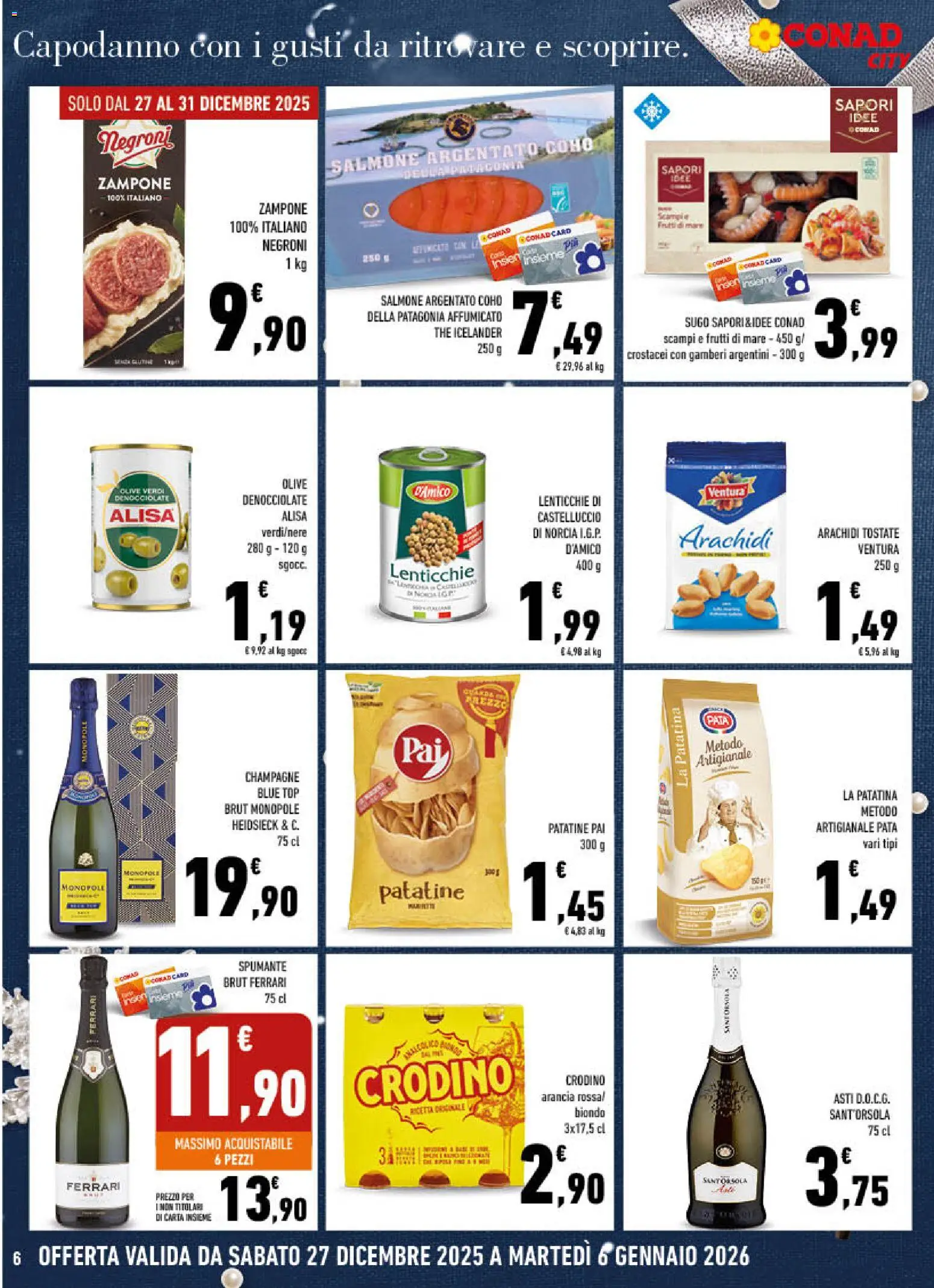 Volantino Conad del 27.12.2025 | Pagina: 6 | Prodotti: Salmone, Gamberi, Champagne, Sugo