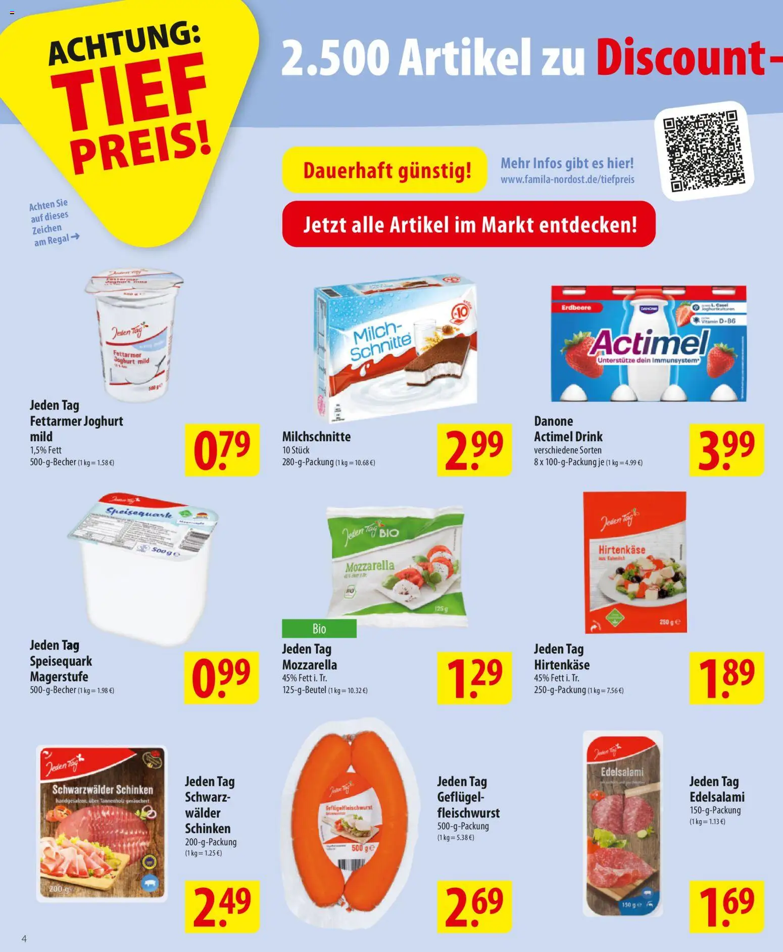 Famila Prospekt 	 – gültig ab 12.01.2026 | Seite: 4 | Produkte: Actimel, Milch, Schinken, Speisequark