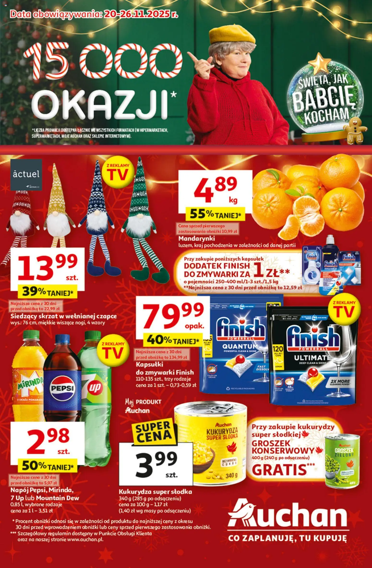 Auchan Black Friday od 20.11.2025 | Strona: 1 | Produkty: Groszek, Pepsi, Kukurydza, Finish