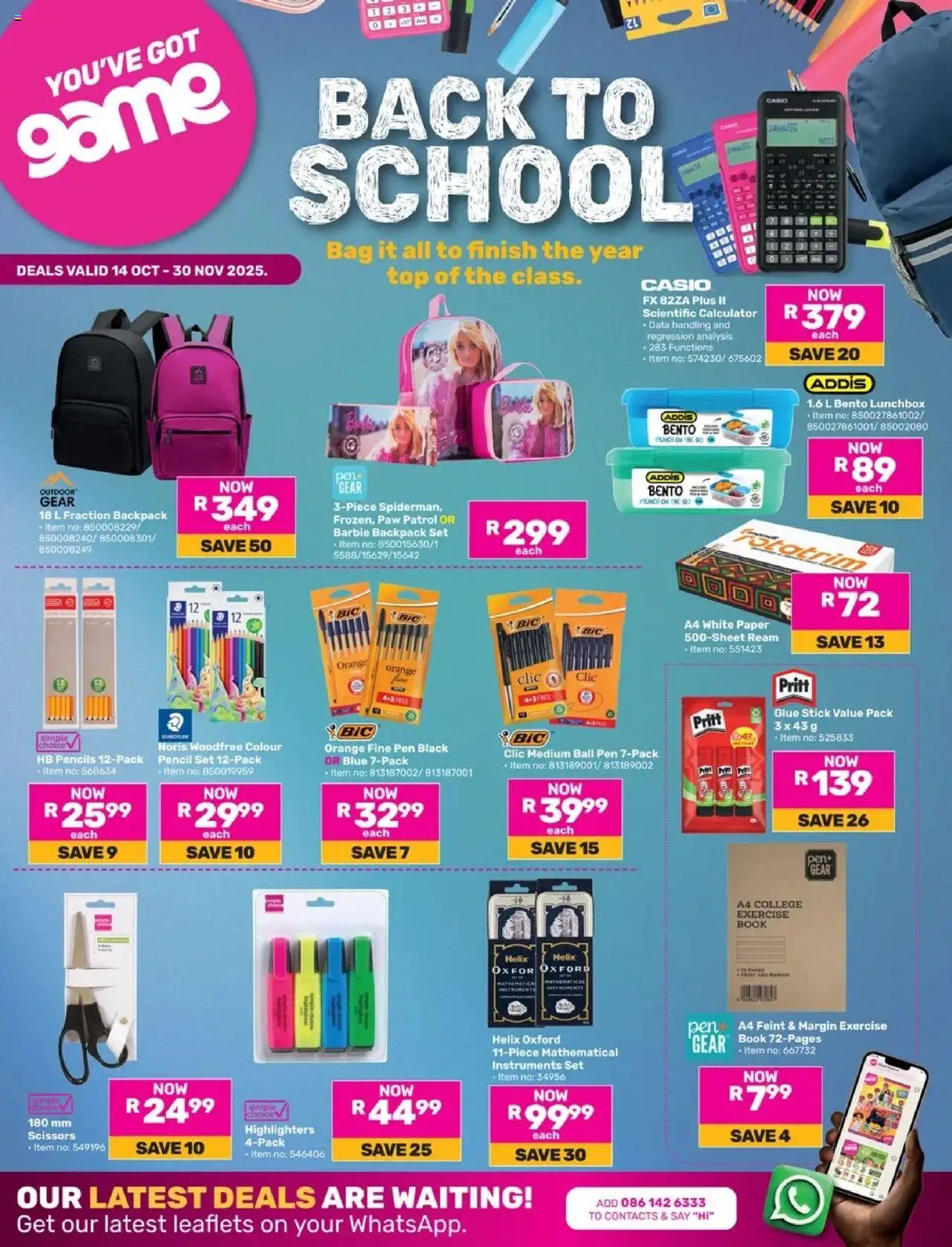 Game Back To School valid from 14.10.2025 | Page: 1 | Products: Calculator, Game, Backpack, Bag
