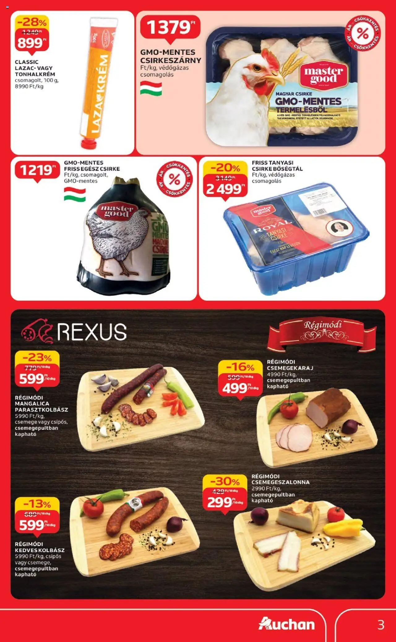 Auchan akciós ujság - amely érvényes a következő dátumtól: 18.09.2025 | Oldal: 3 | Termékek: Kolbász, Hús, Egész csirke, Lazac