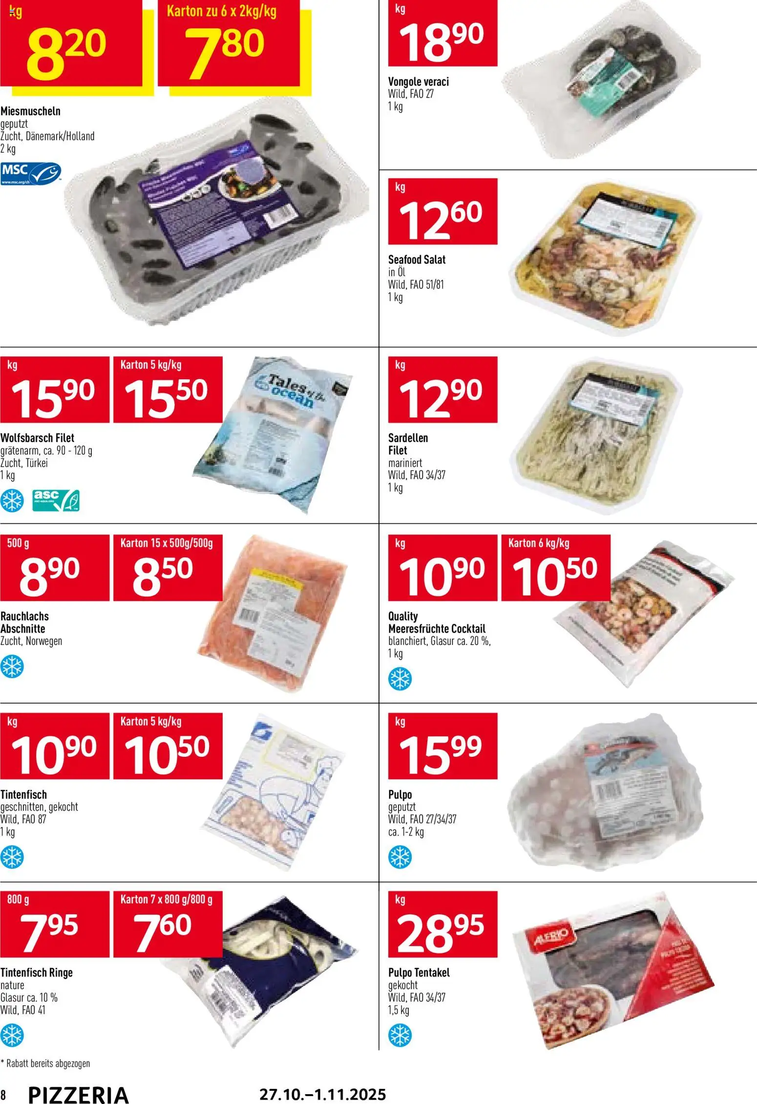 Prodega Aktionen Pizzeria – gültig ab 27.10.2025 | Seite: 8 | Produkte: Tintenfisch, Öl, Meeresfrüchte, Salat
