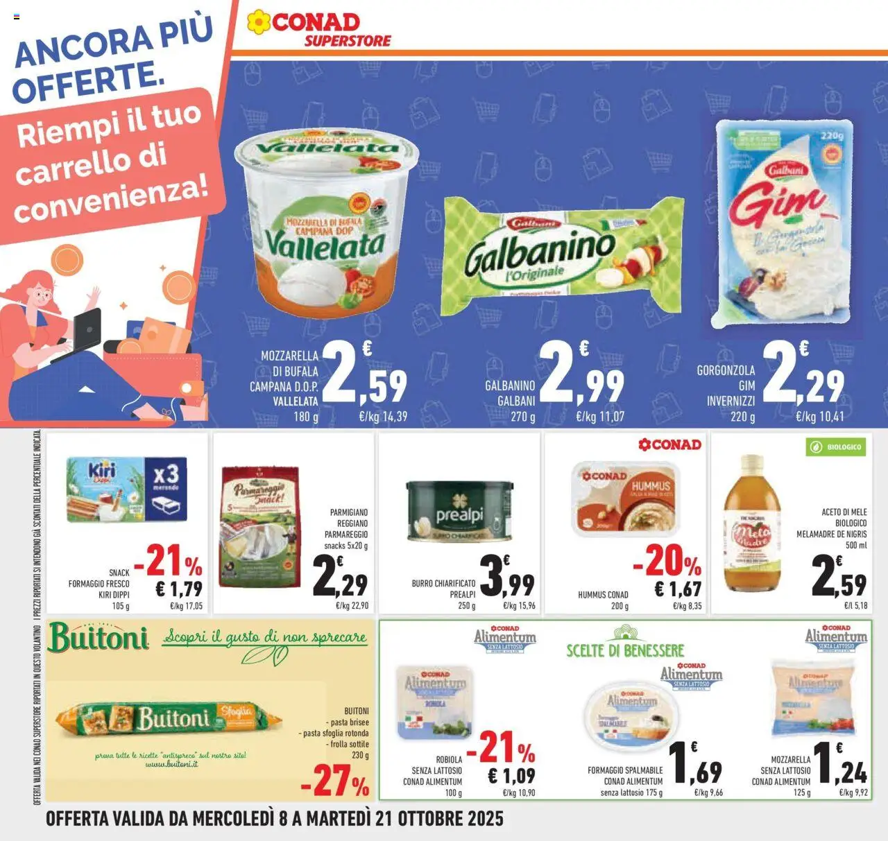 Volantino Conad del 08.10.2025 | Pagina: 34 | Prodotti: Mozzarella senza lattosio, Formaggio, Parmigiano, Pasta brisée