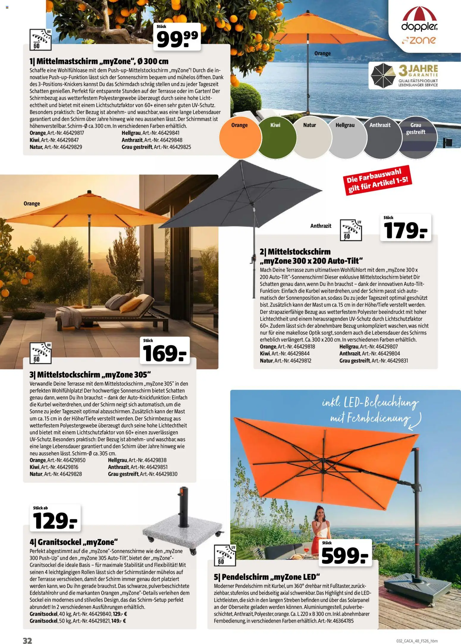 Hagebau Gartenmöbelsortiment – gültig ab 02.03.2026 | Seite: 32 | Produkte: Schirmständer, Orangen, Sonnenschirm, Kiwi