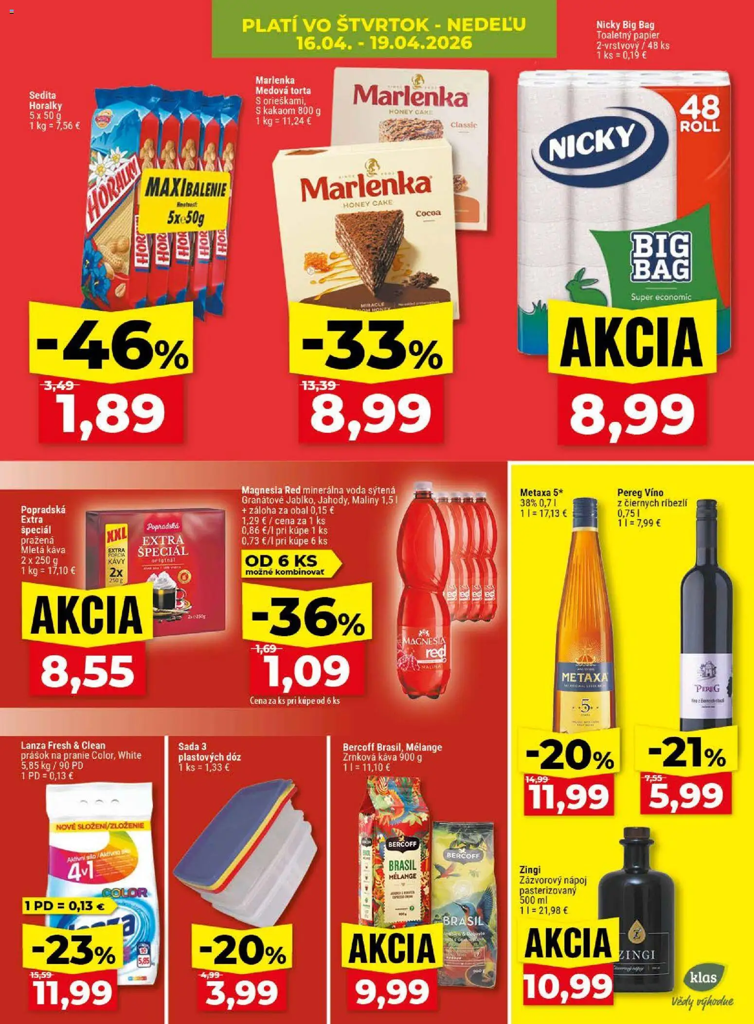 Nové Klas akcie – leták je platný od 13.04.2026 | Strana: 28 | Produkty: Metaxa, Toaletný papier, Magnesia, Voda