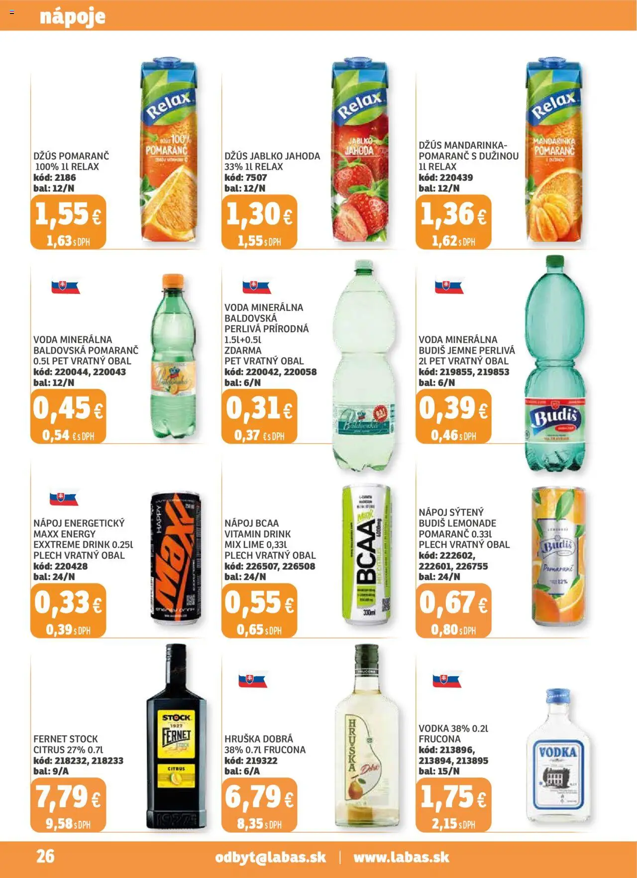 Nové Labaš akcie – leták je platný od 05.09.2025 | Strana: 26 | Produkty: Budiš, Vodka, Voda, Fernet Stock