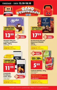 Pogląd oferty "Alpejskie Mleczko o smaku waniliowym Milka, 330 g, Alpejskie Mleczko o smaku waniliowym, 330 g" - ważna od 13.10.2025 | Strona: 46 | Produkty: Bombonierka, Milka, Naklejki, Cukierki