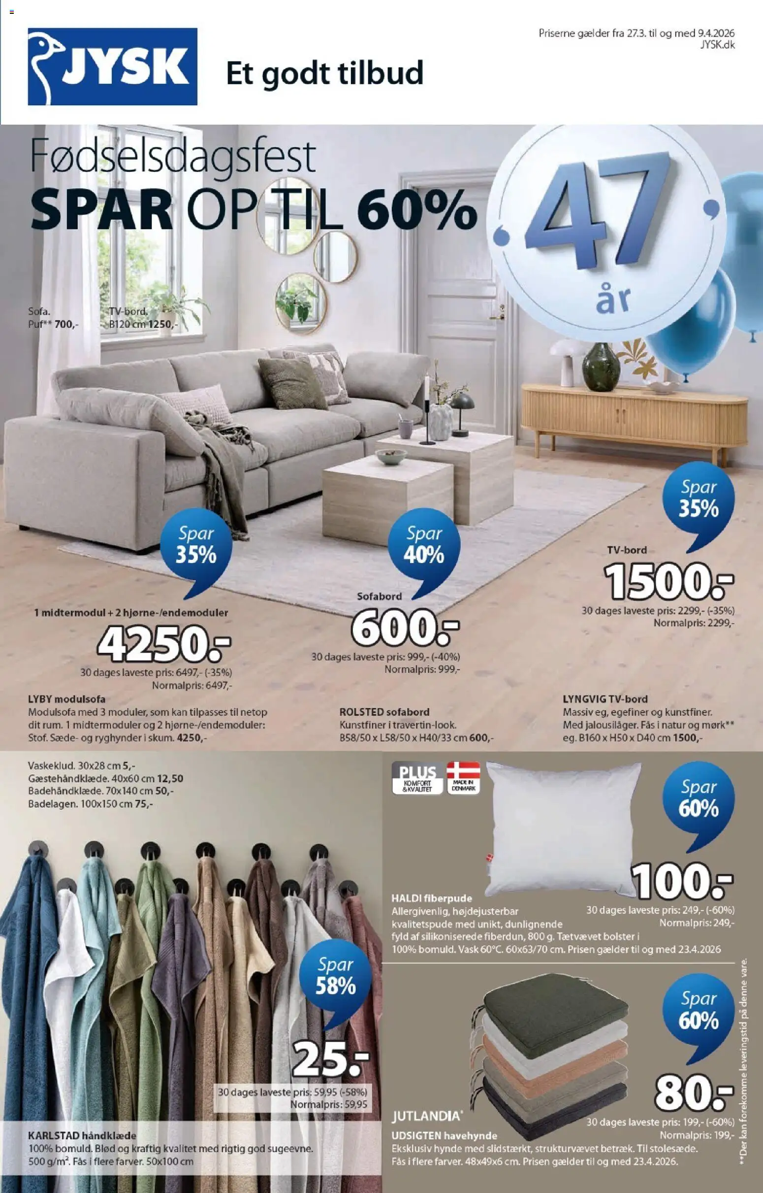 JYSK tilbudsavis – gyldig fra 27.03.2026 | Side: 1 | Produkter: Sofabord, Havehynde, Håndklæde, Søm