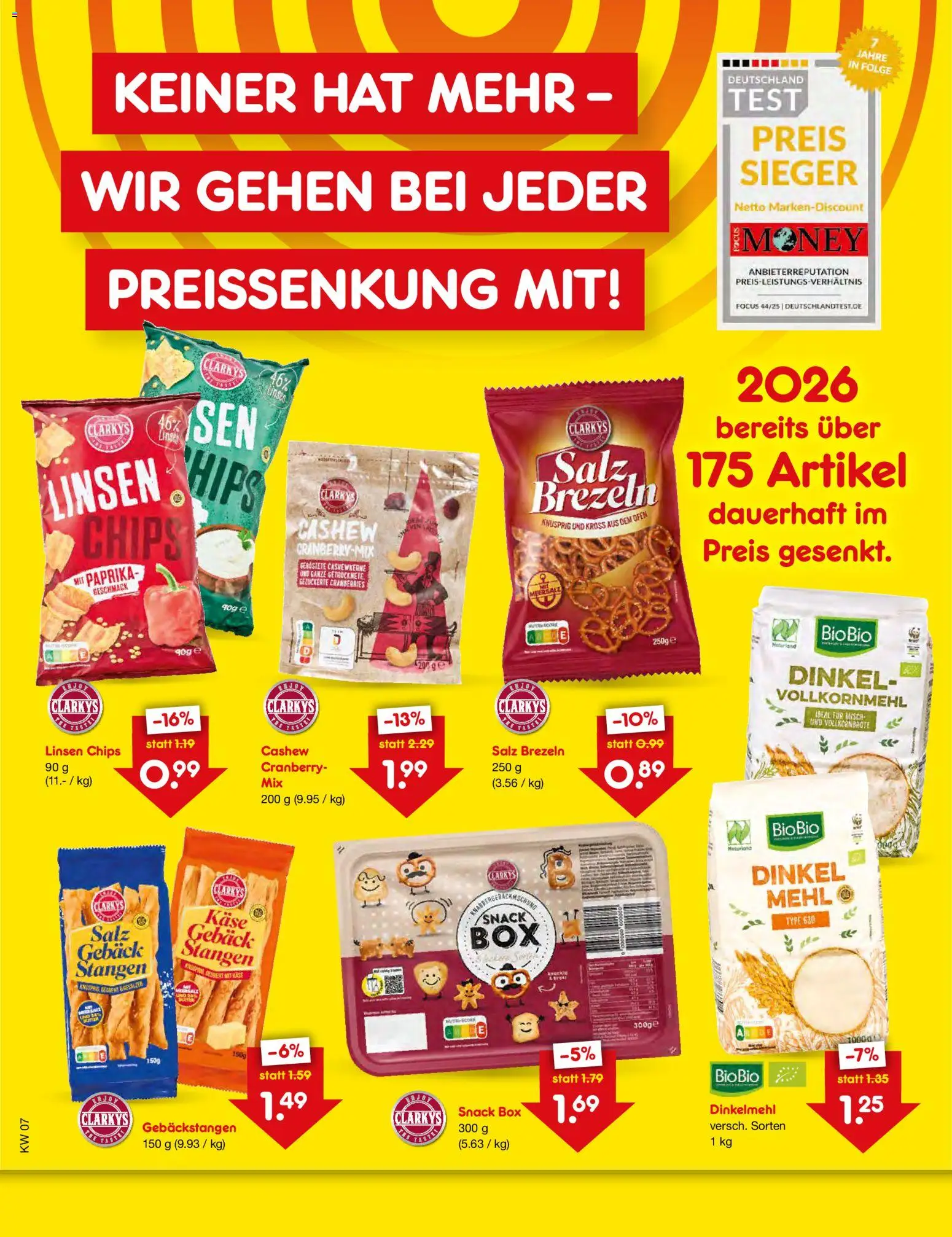Netto Marken-Discount Preissenkung auf Dauer – gültig ab 09.02.2026 | Seite: 1 | Produkte: Käse, Paprika, Salz, Chips