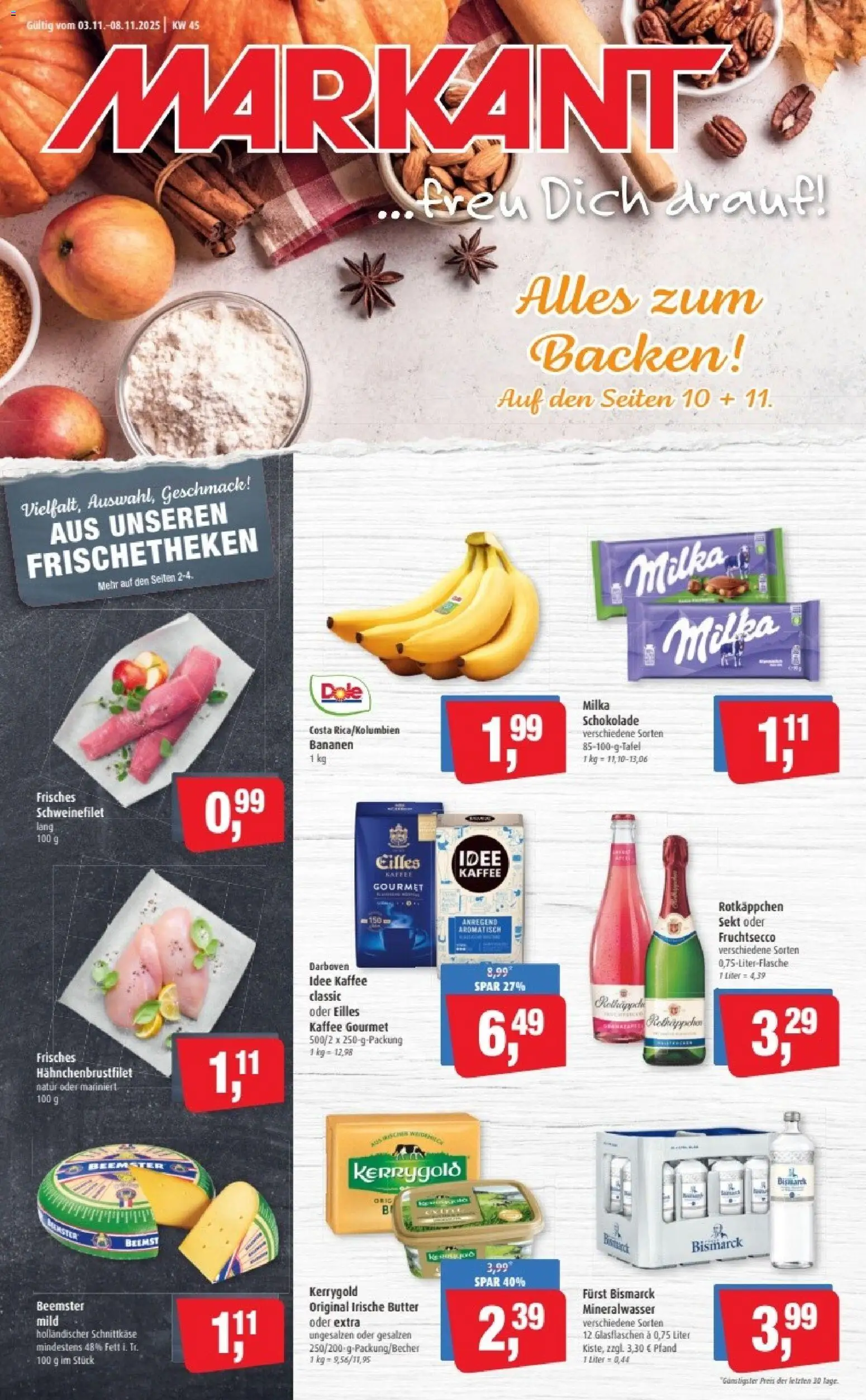 Markant Prospekt 	 – gültig ab 03.11.2025 | Seite: 1 | Produkte: Idee kaffee, Bananen, Mineralwasser, Schweinefilet