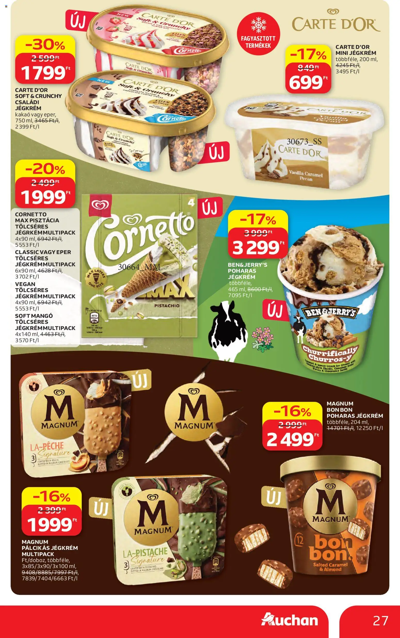 Auchan akciós ujság - amely érvényes a következő dátumtól: 16.04.2026 | Oldal: 27 | Termékek: Magnum, Pisztácia, Vegán, Jégkrém
