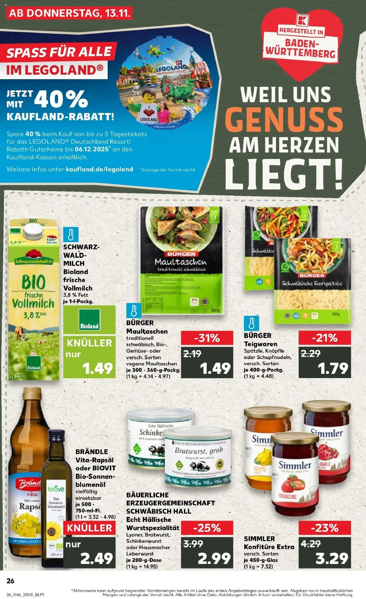 Kaufland prospekt Uhingen	 – gültig ab 13.11.2025 | Seite: 26 | Produkte: Milch, Burger, Pasta, Maultaschen