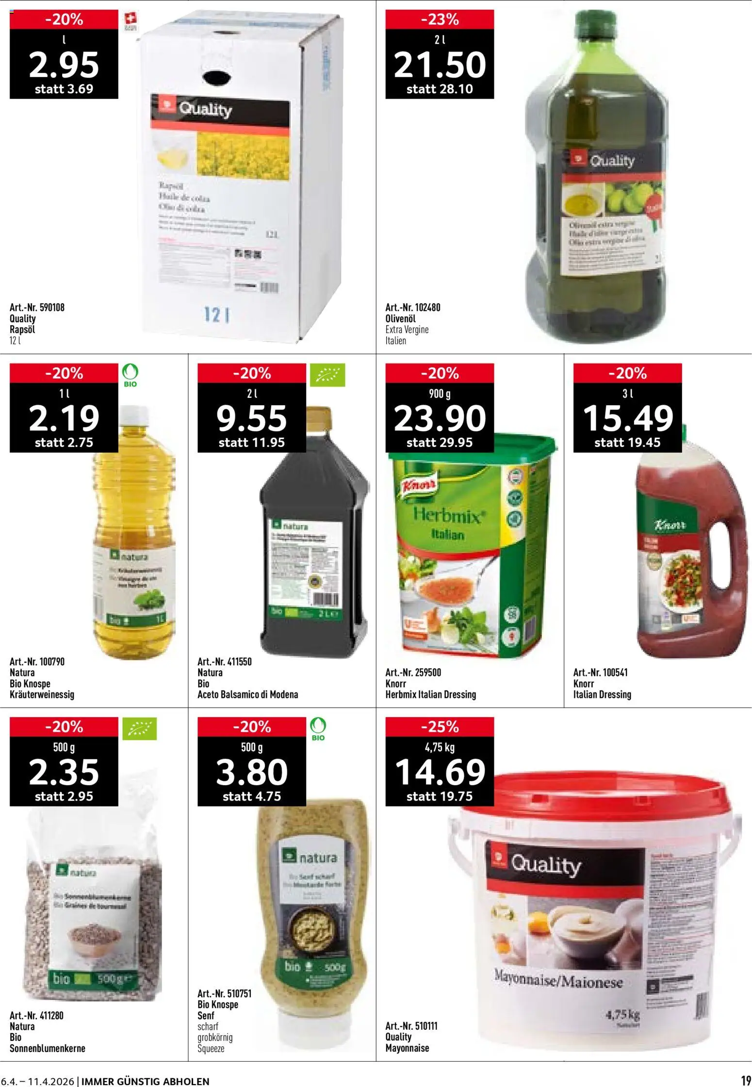 Prodega aktionen – gültig ab 06.04.2026 | Seite: 19 | Produkte: Balsamico, Rapsöl, Dressing, Mayonnaise